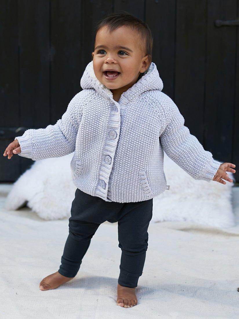 Product image 1 of 3, which shows The Little Tailor Plushed Lined Baby Cotton Pom Pom Coat, Grey, 12 months