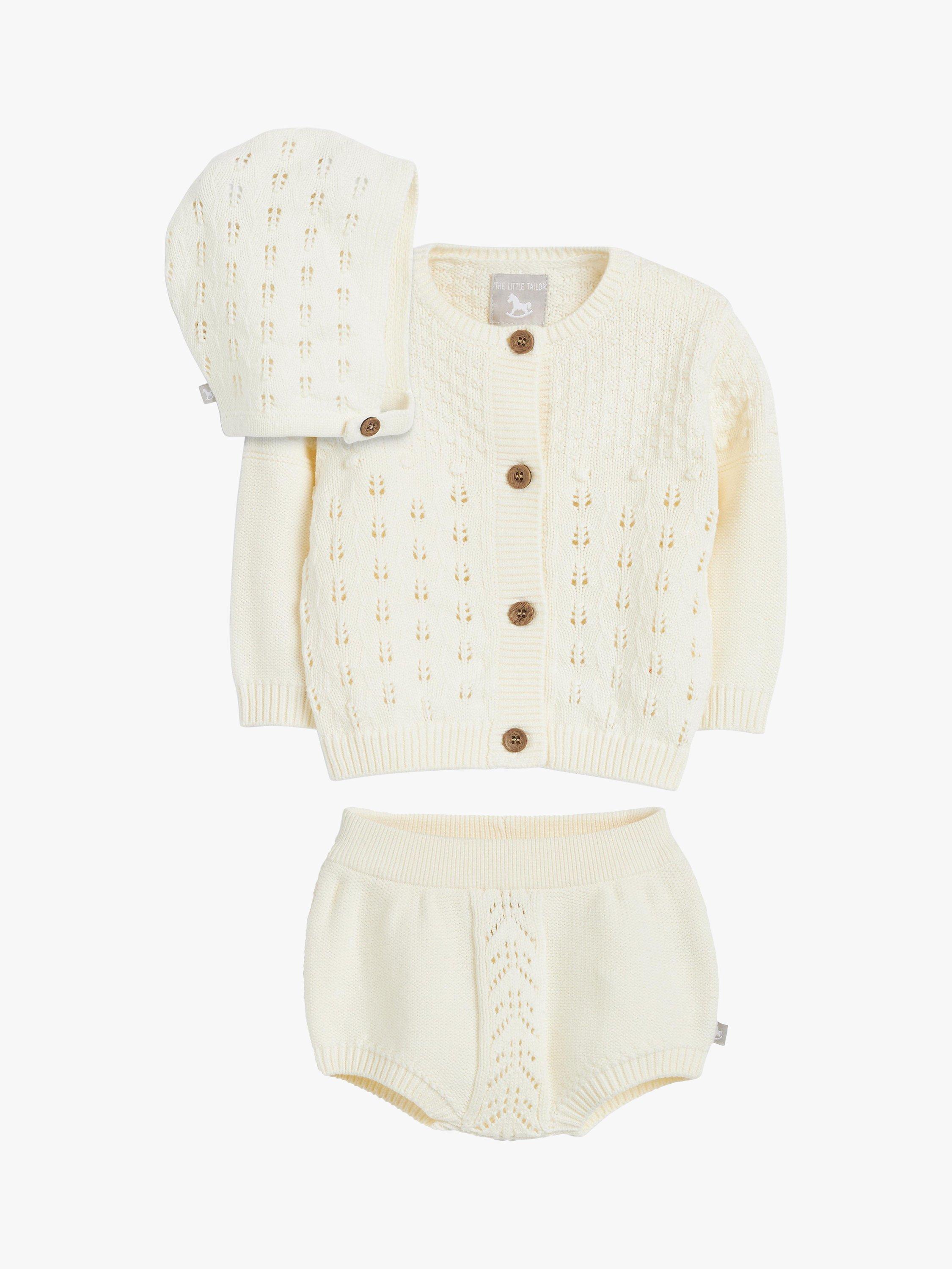 Product image 1 of 9, which shows The Little Tailor Baby Three Piece Cardigan, Bloomer & Bonnet Set, Cream, 6-9 months