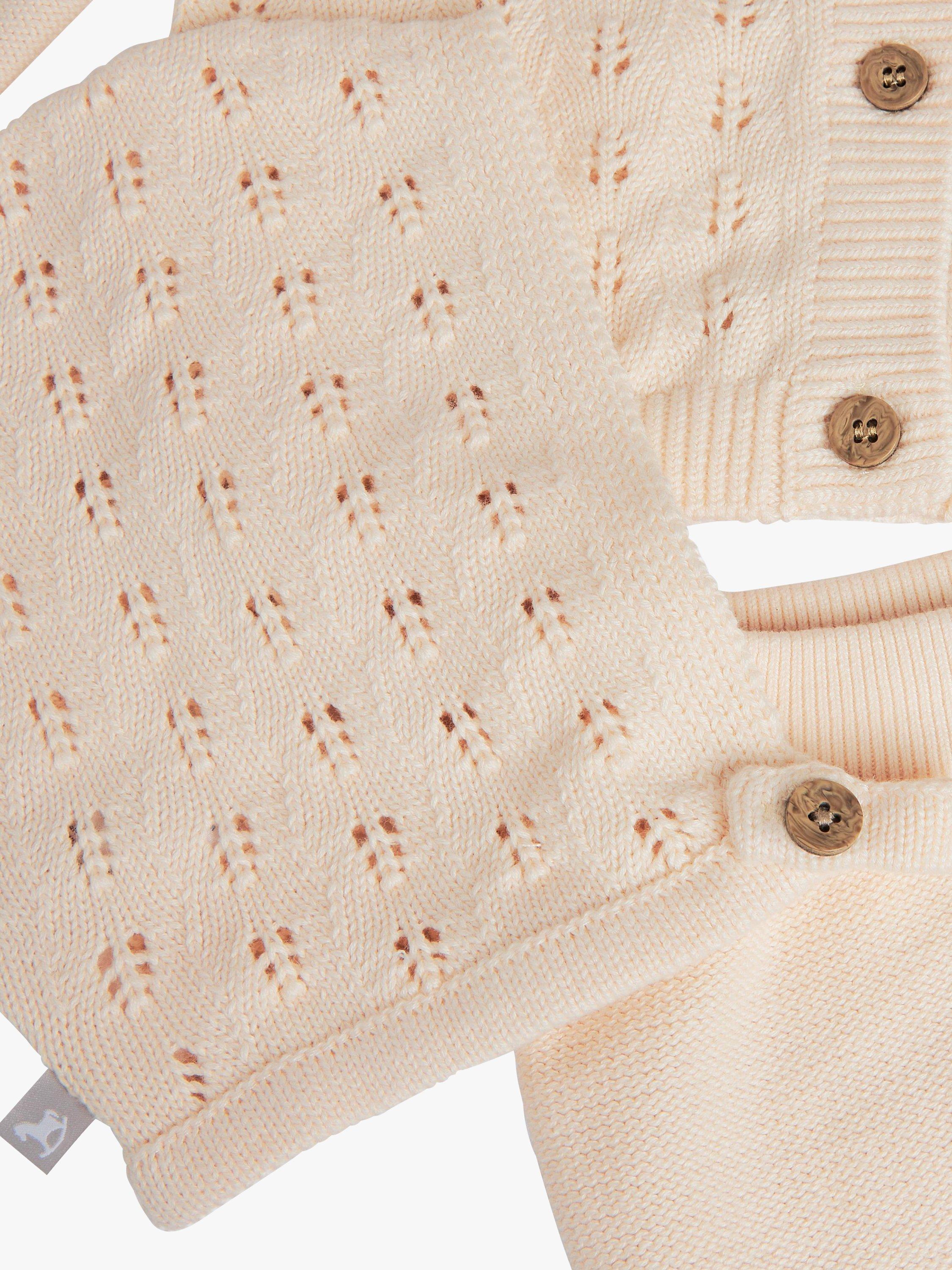 Product image 3 of 8, which shows The Little Tailor Baby Three Piece Cardigan, Bloomer & Bonnet Set, Pink, 0-3 months