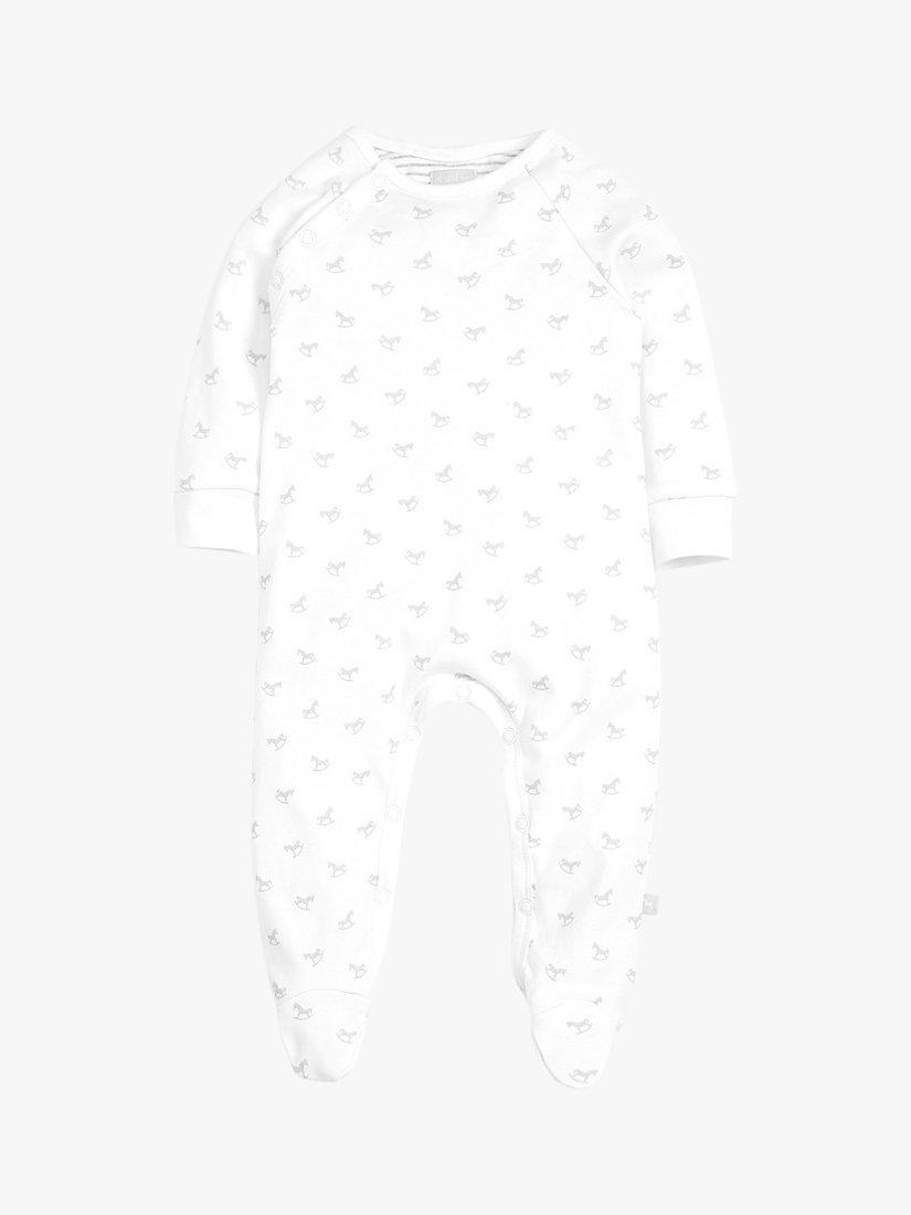 Product image 1 of 3, which shows The Little Tailor Baby Cotton Rocking Horse Sleepsuit, White, 6-9 months