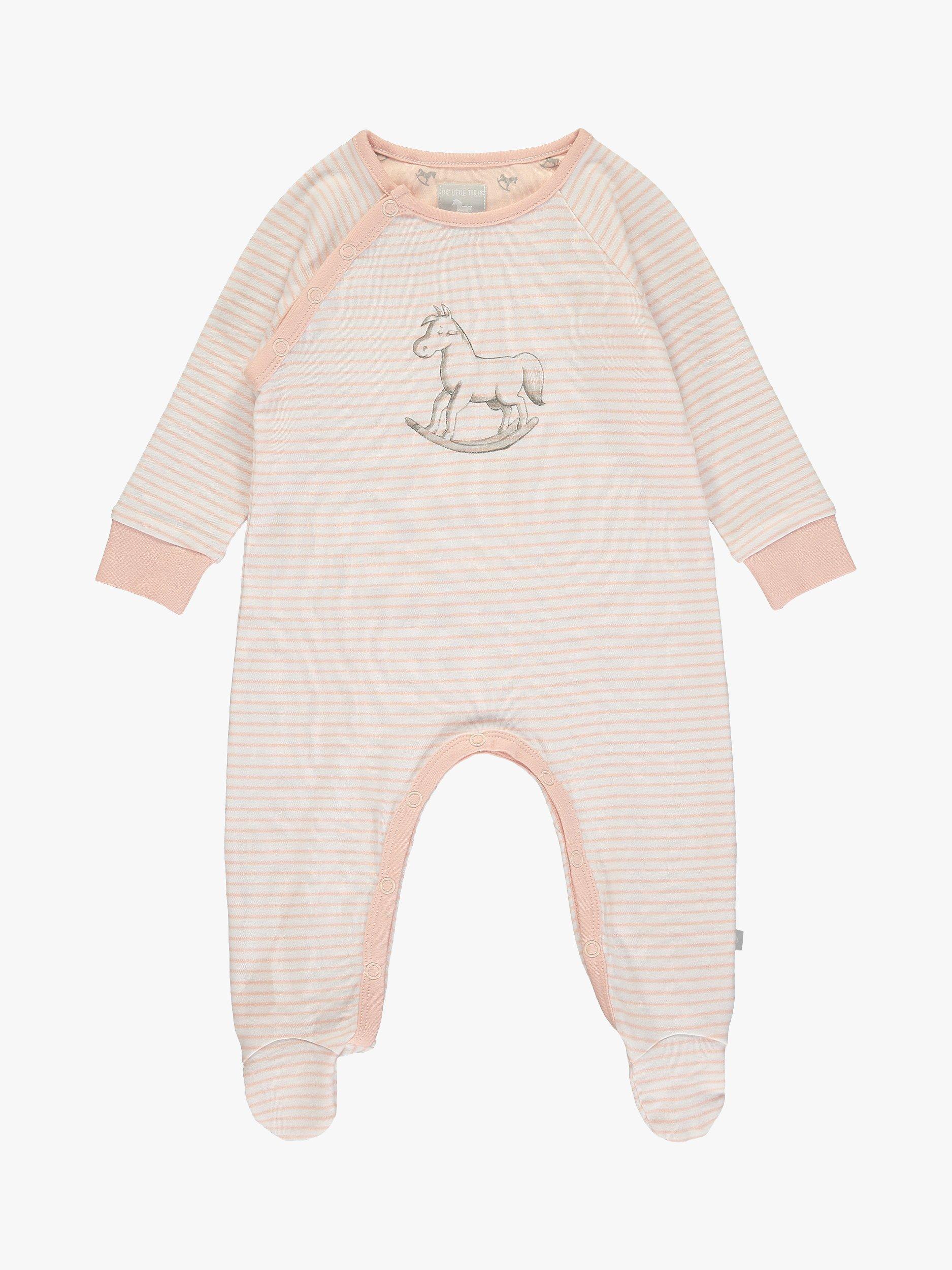 Product image 1 of 3, which shows The Little Tailor Baby Rocking Horse Stripe Sleepsuit, Pink, Newborn