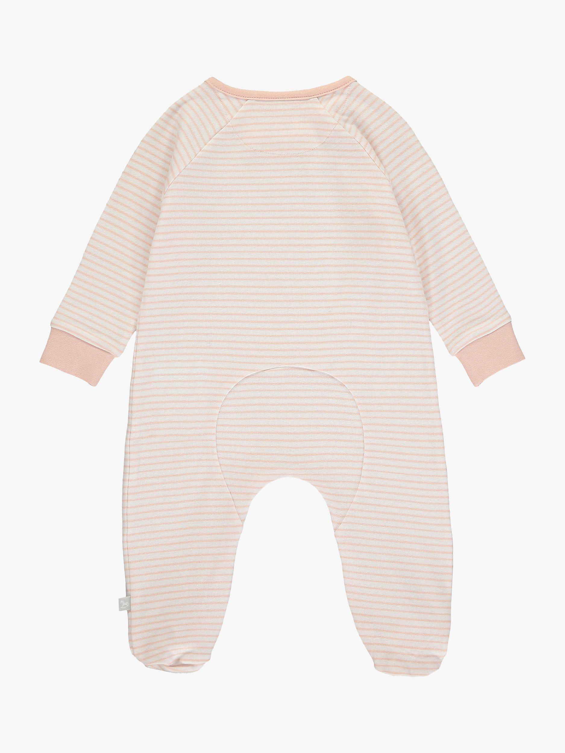 Product image 2 of 3, which shows The Little Tailor Baby Rocking Horse Stripe Sleepsuit, Pink, Newborn
