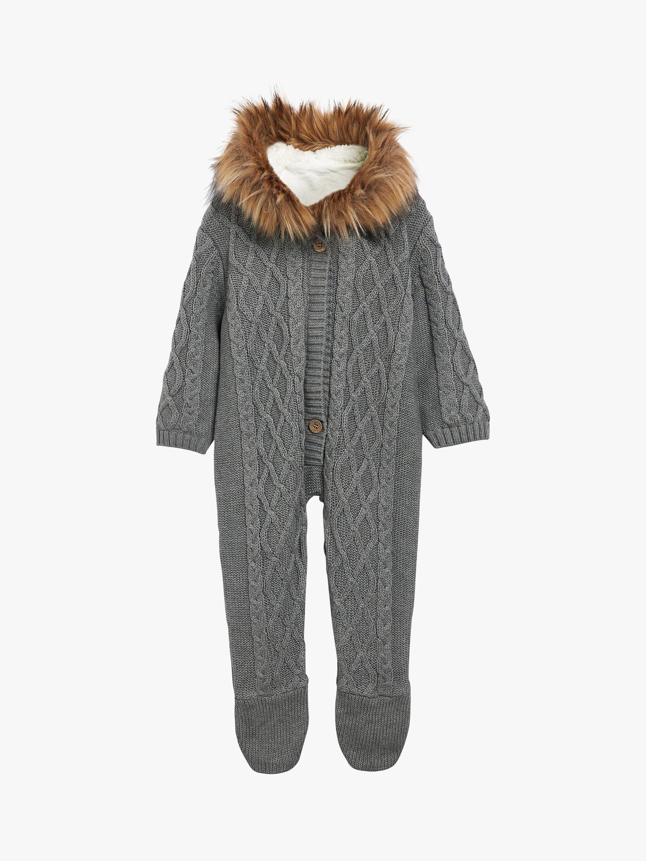 The Little Tailor Kids' Knitted Faux Fur Hood Romper, Charcoal Grey, 0-3 months