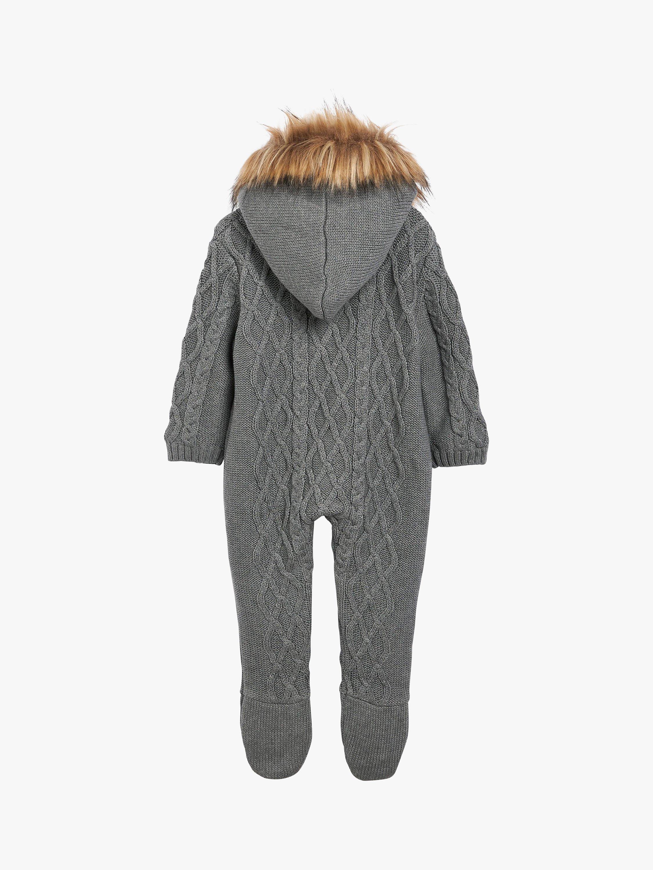 The Little Tailor Kids' Knitted Faux Fur Hood Romper, Charcoal Grey, 0-3 months