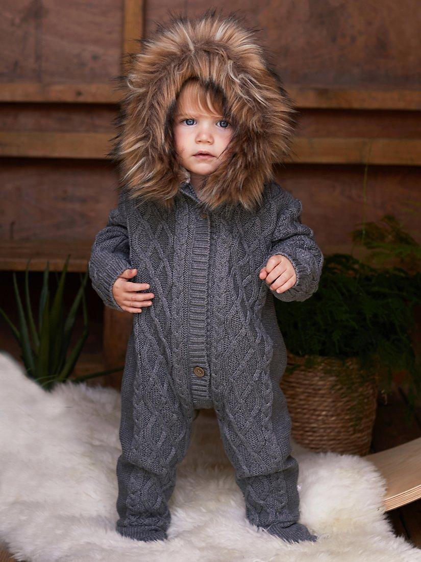 The Little Tailor Kids' Knitted Faux Fur Hood Romper, Charcoal Grey, 0-3 months