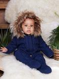 The Little Tailor Kids' Knitted Faux Fur Hood Romper, Navy