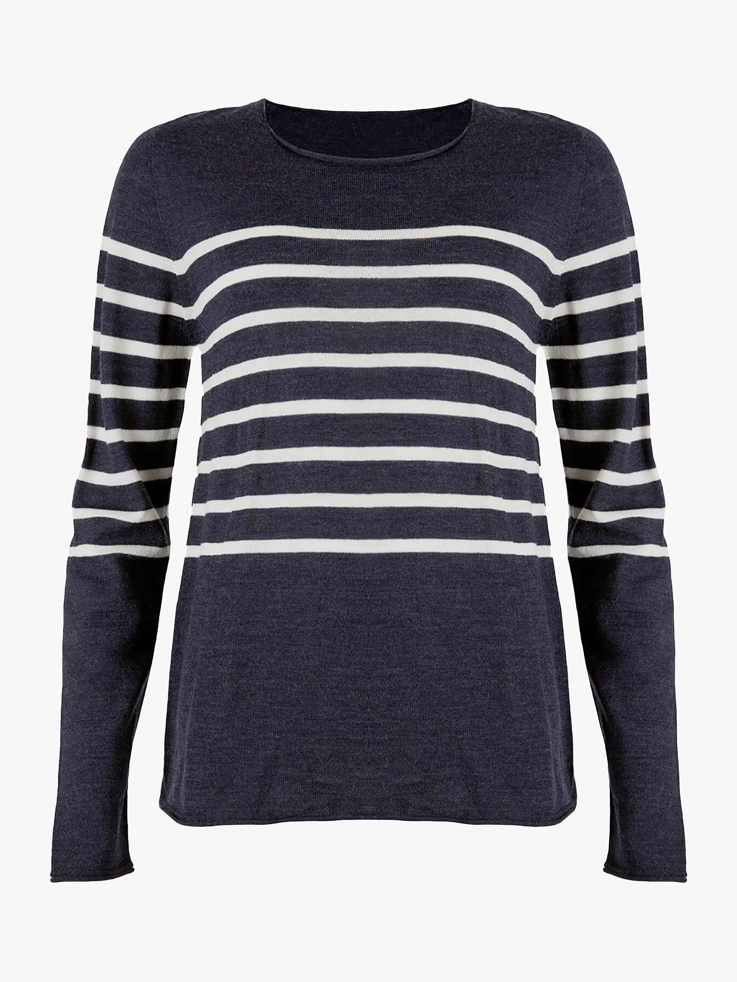 Celtic & Co. Crew Neck Merino Wool Stripe Jumper, Navy/Ecru, XS