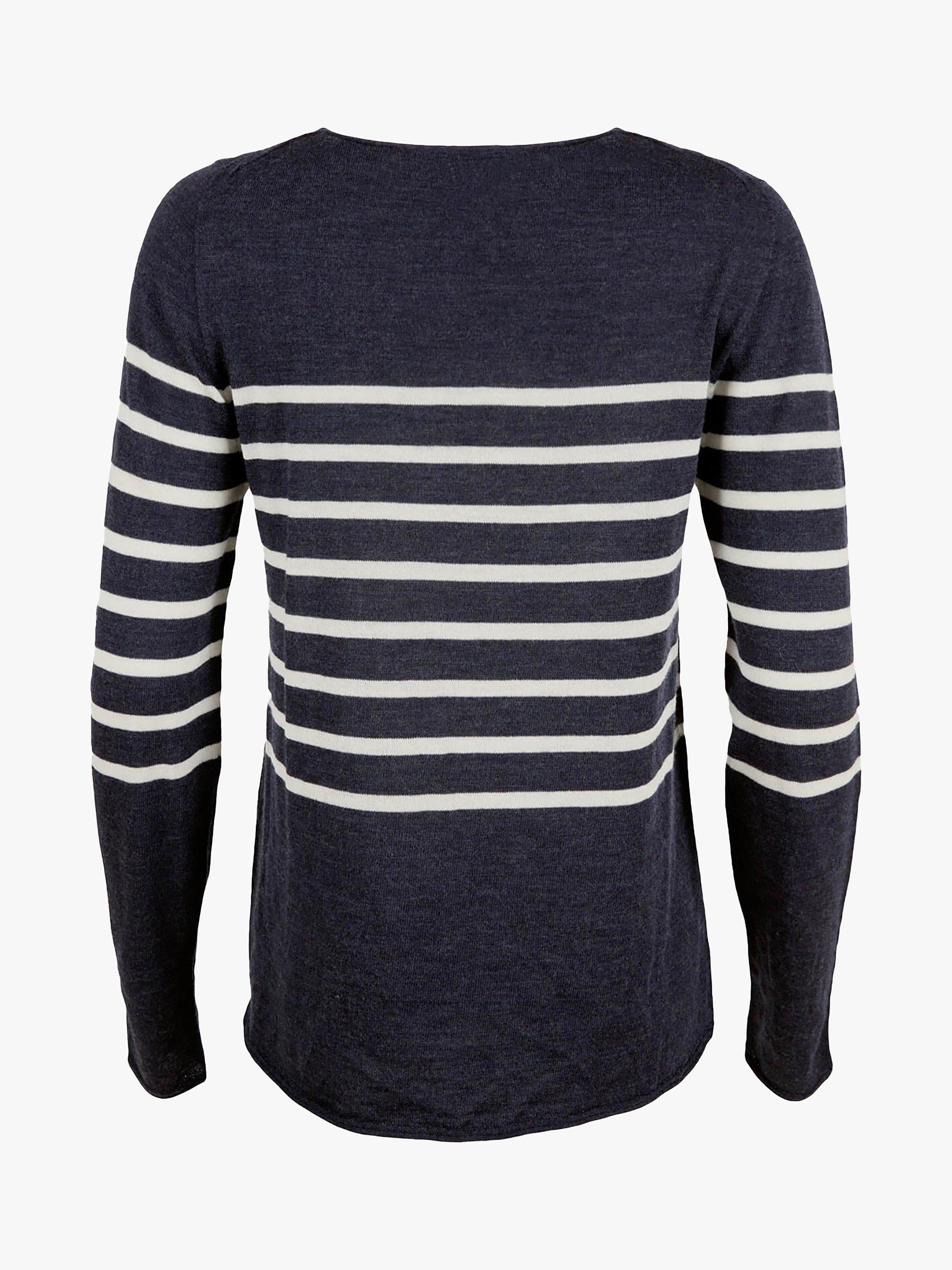 Celtic & Co. Crew Neck Merino Wool Stripe Jumper, Navy/Ecru, XS