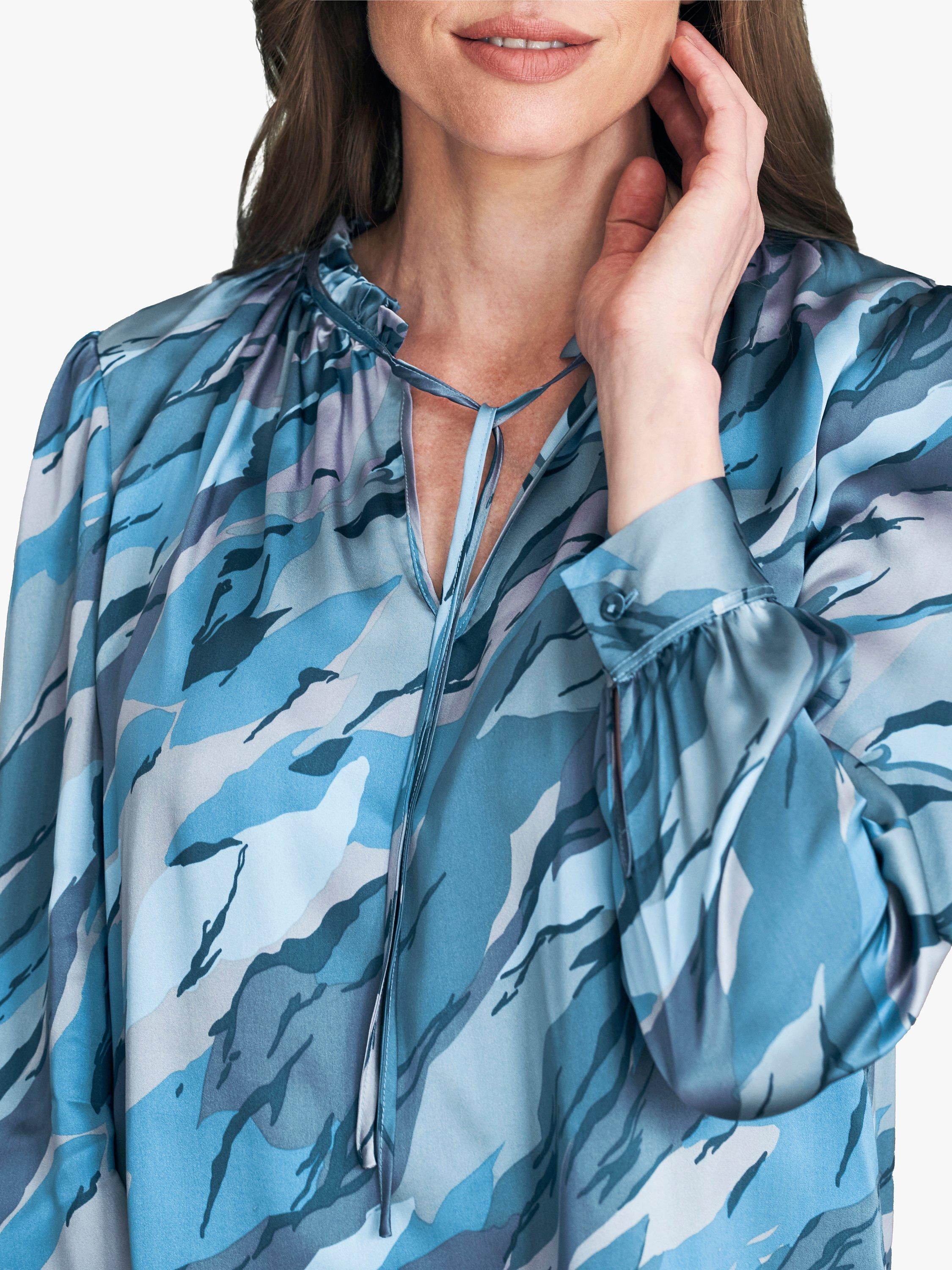 Product image 1 of 3, which shows Pure Collection Silk Satin Camouflage Print Shirt, Blue, 20