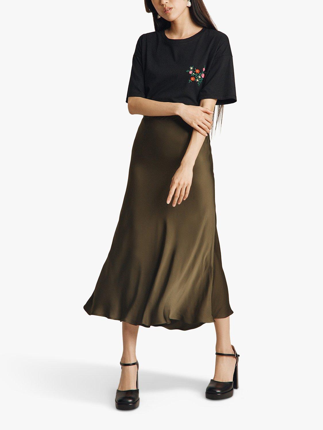 Product image 1 of 5, which shows Ghost Luna Satin Midi Skirt, Khaki Green, XS