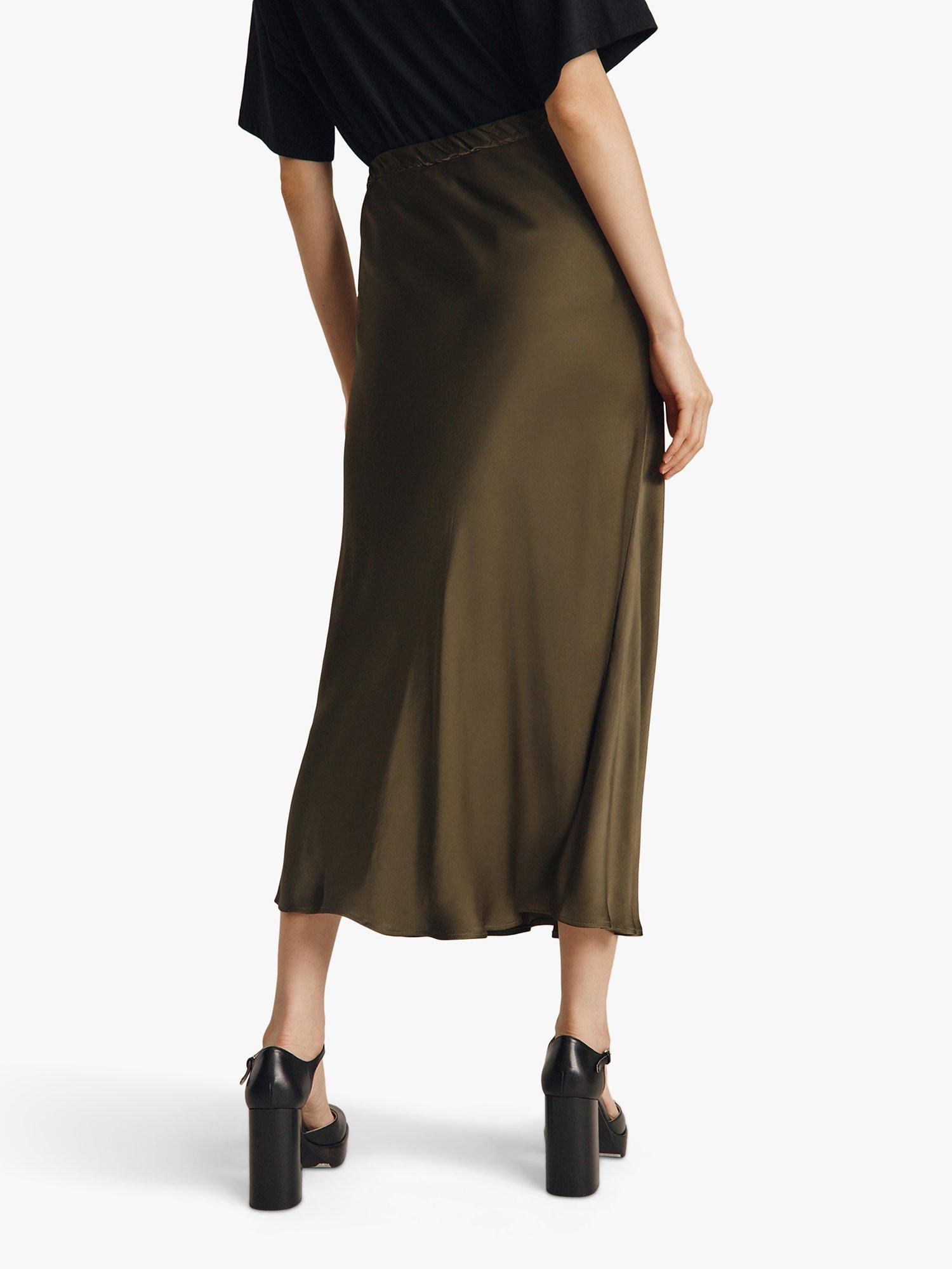 Product image 2 of 5, which shows Ghost Luna Satin Midi Skirt, Khaki Green, XS