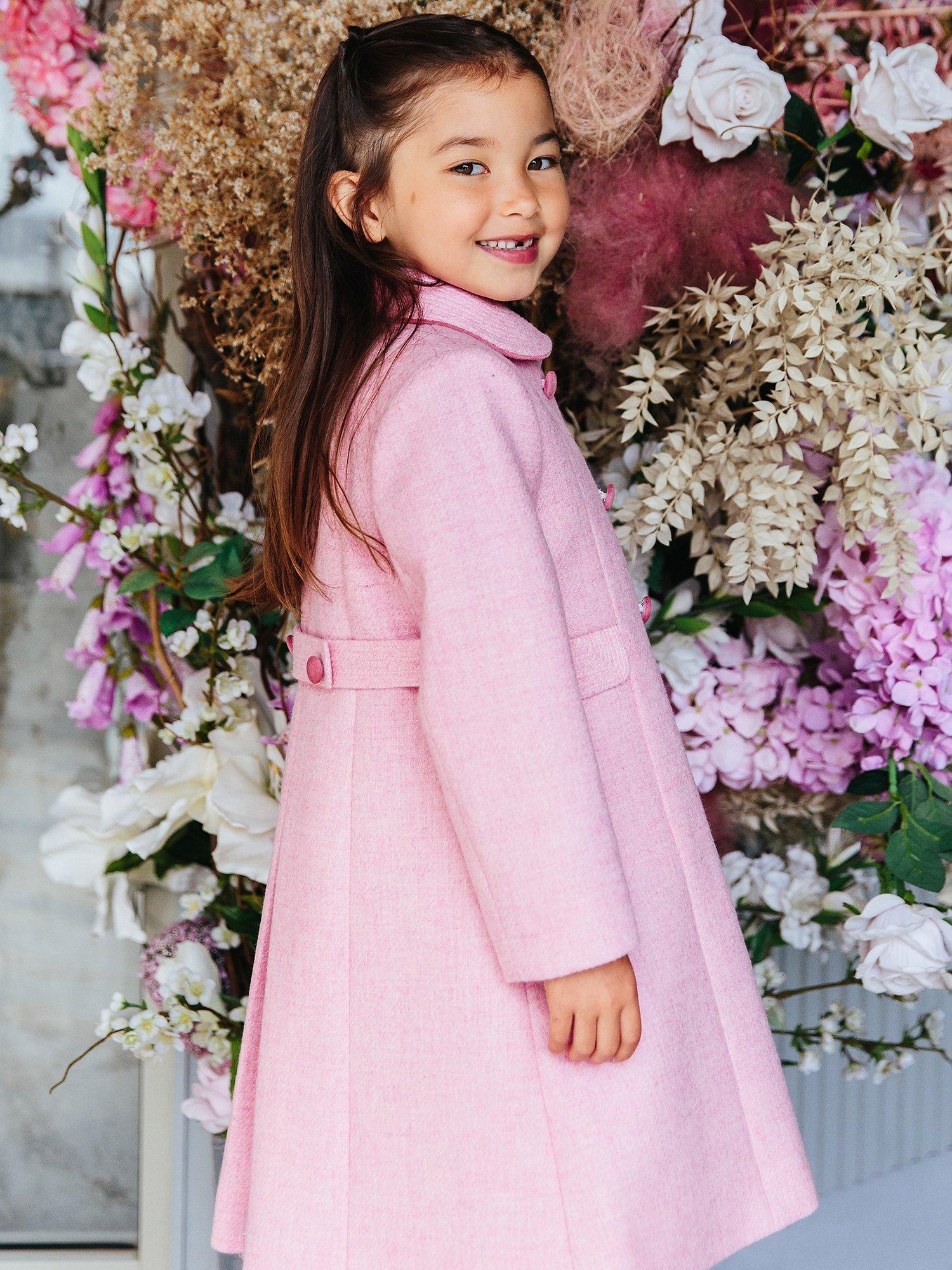Product image 4 of 10, which shows Trotters Kids' Classic Wool Longline Coat, Pink, 2 years