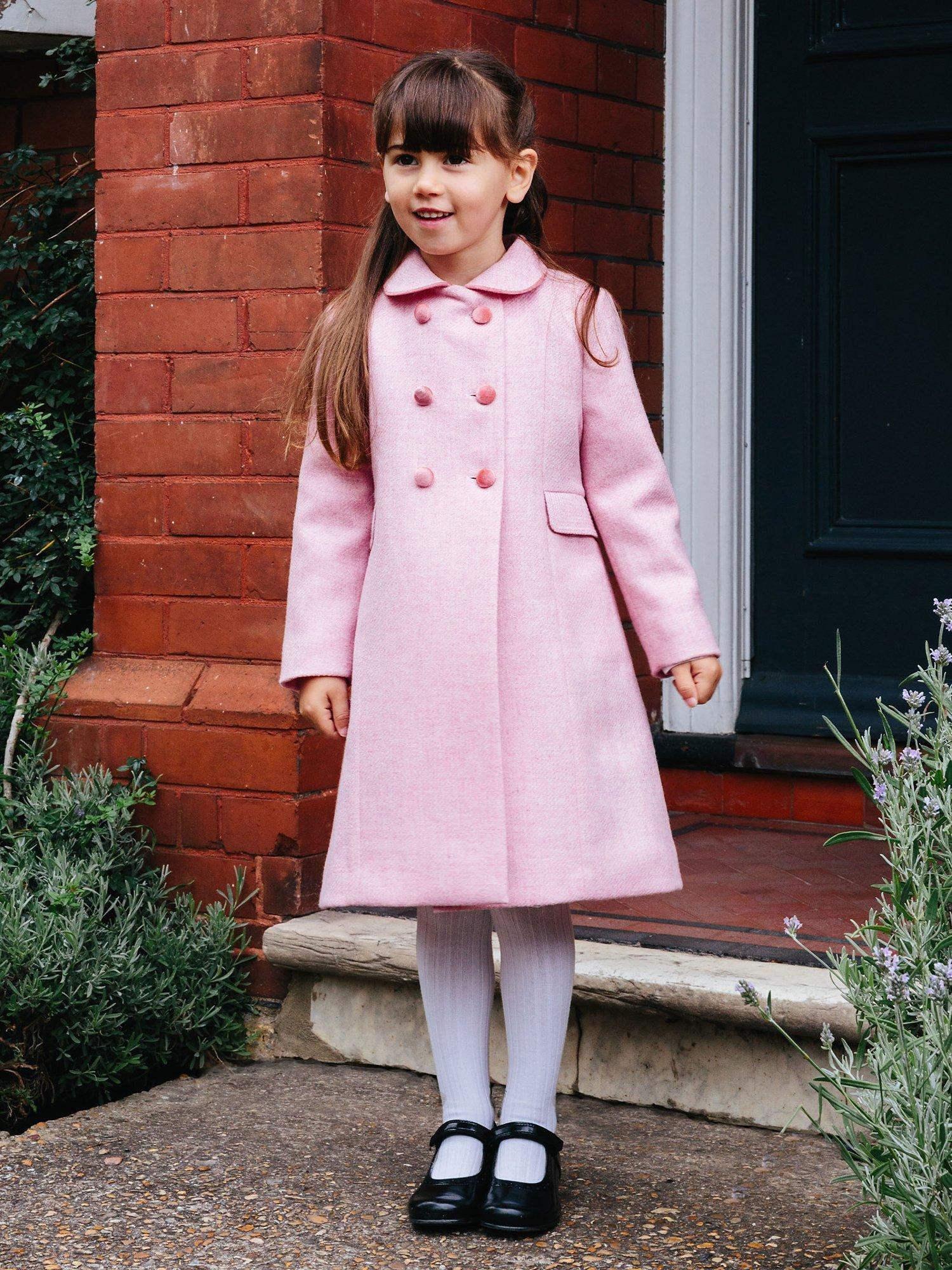 Product image 6 of 10, which shows Trotters Kids' Classic Wool Longline Coat, Pink, 2 years
