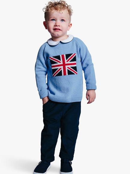 Trotters Baby George Union Jack Graphic Jumper. Pale Blue, Pale Blue
