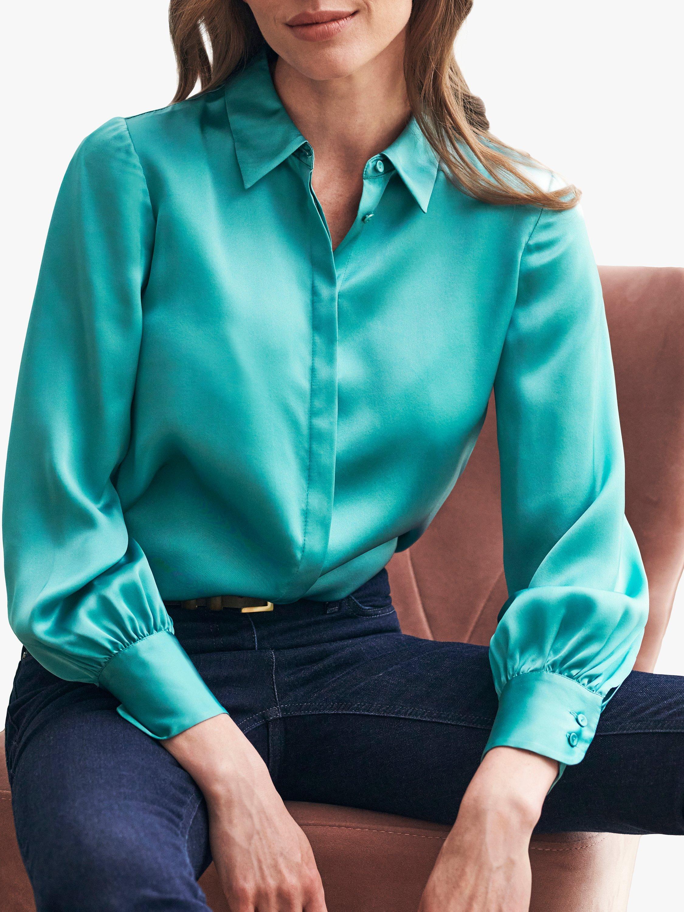 Product image 1 of 3, which shows Pure Collection Silk Satin Shirt, Light Teal, 8