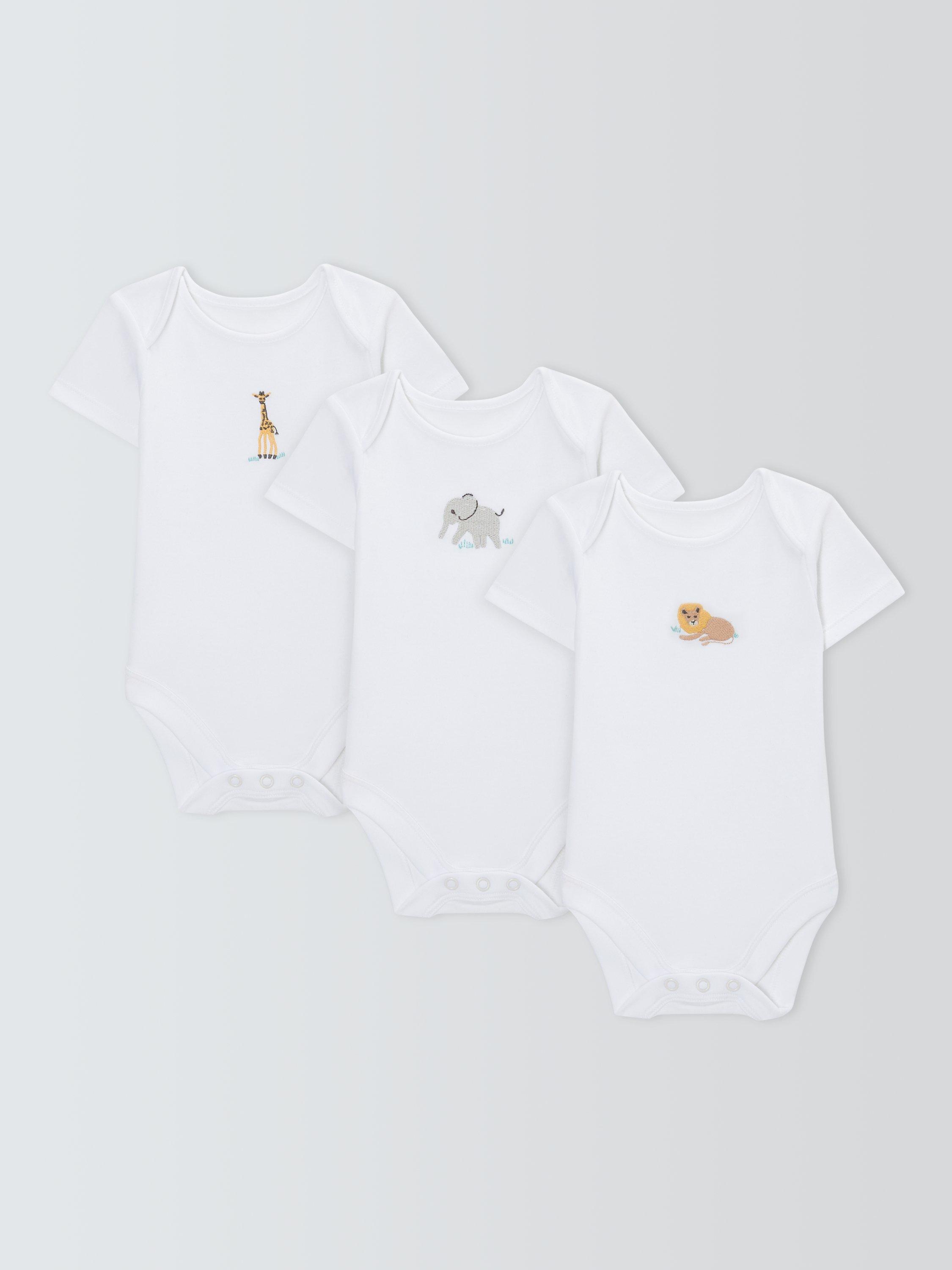 John Lewis Baby Safari Animal Embroidery Short Sleeve Bodysuits, Pack of 3, White, Tiny Baby