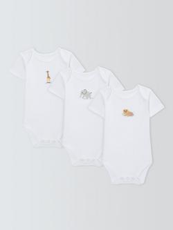 John Lewis Baby Safari Animal Embroidery Short Sleeve Bodysuits, Pack of 3, White, White