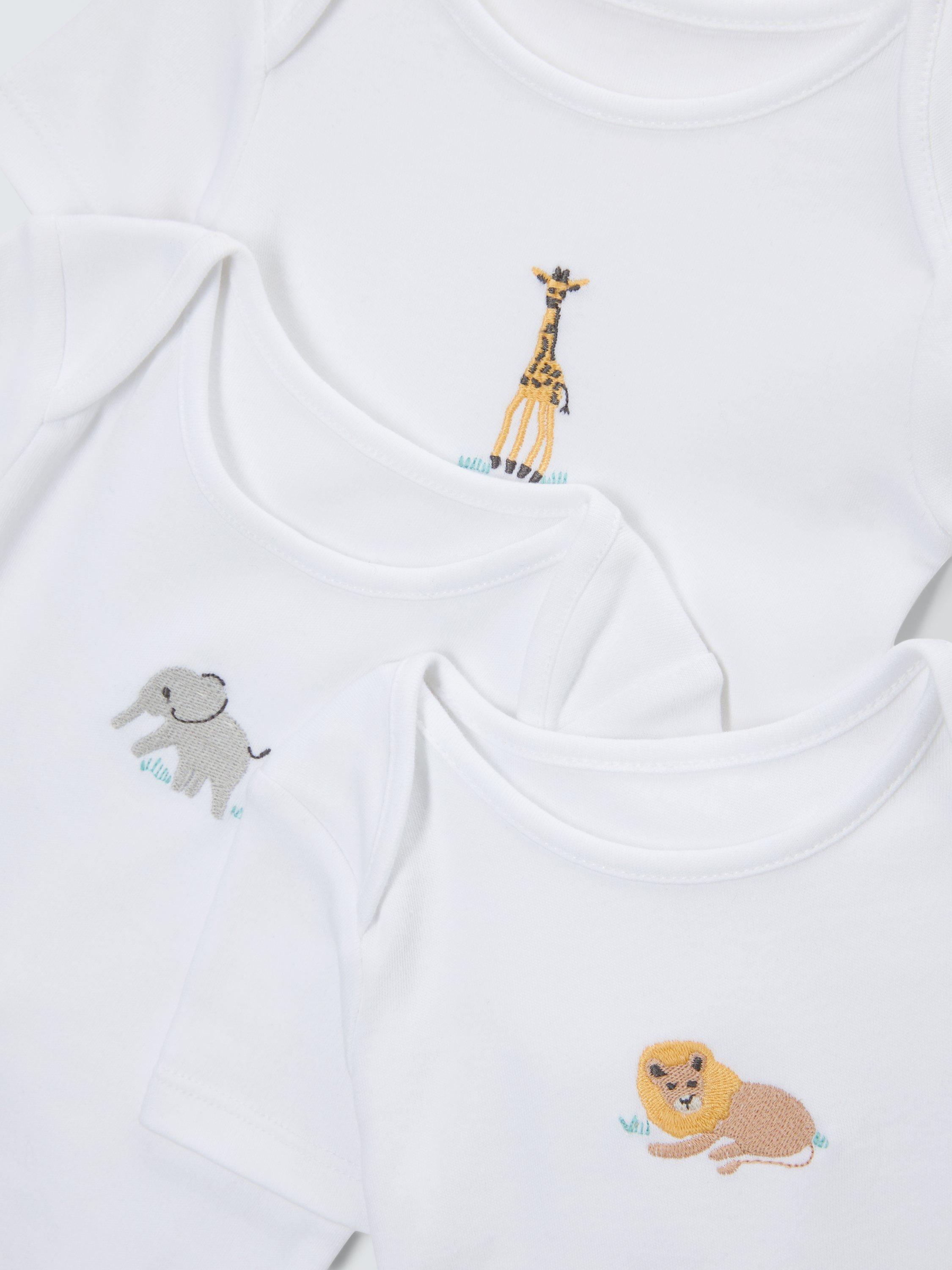 Product image 3 of 3, which shows John Lewis Baby Safari Animal Embroidery Short Sleeve Bodysuits, Pack of 3, White, Tiny Baby