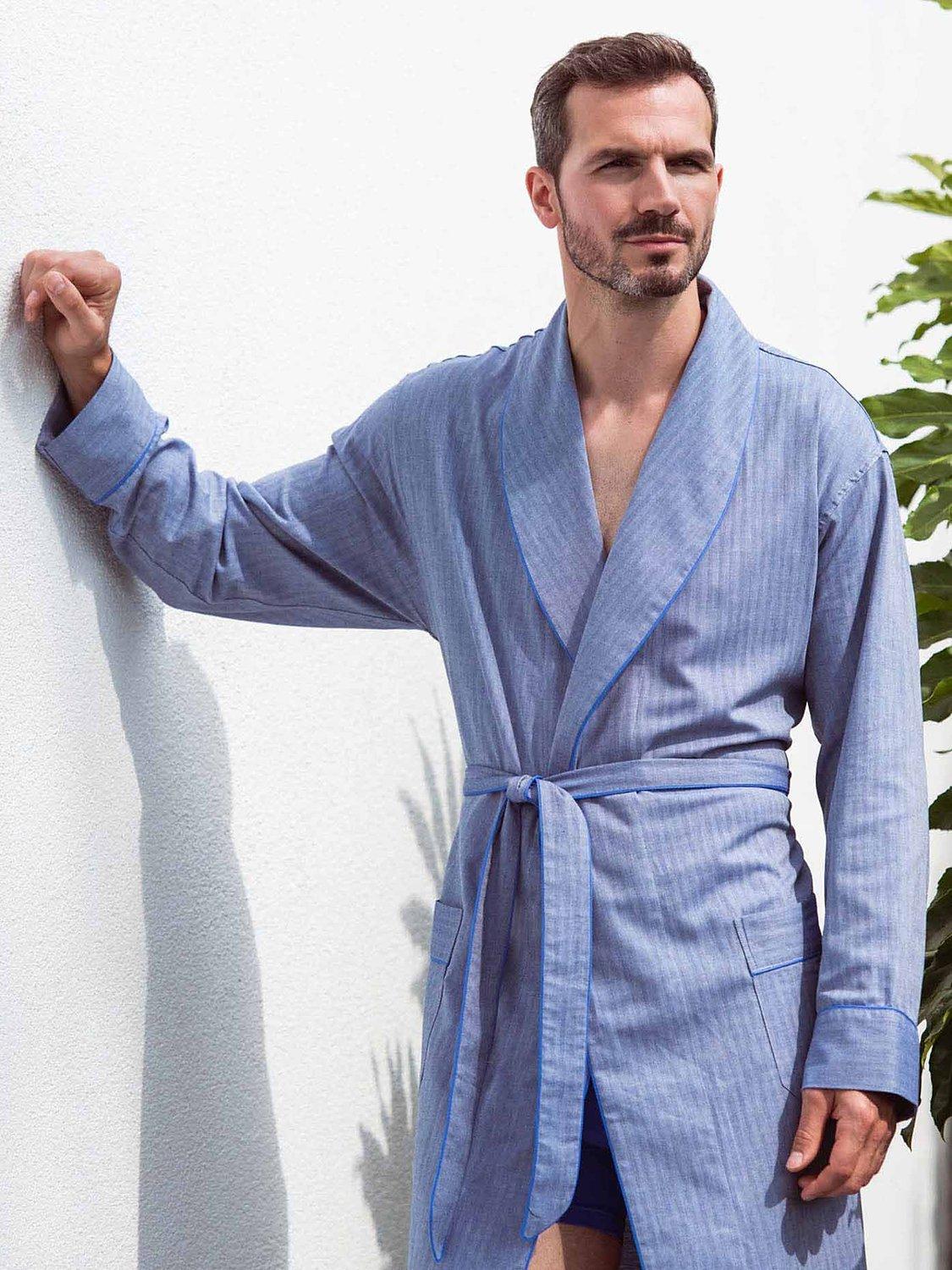 Product image 9 of 9, which shows British Boxers Herringbone Cotton Twill Dressing Gown, Garrison Blue, S