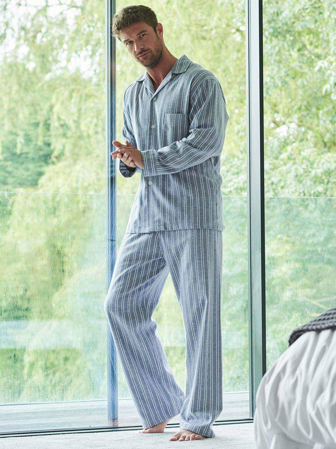 Product image 1 of 4, which shows British Boxers Westwood Stripe Brushed Cotton Pyjama Set, Grey/White, S