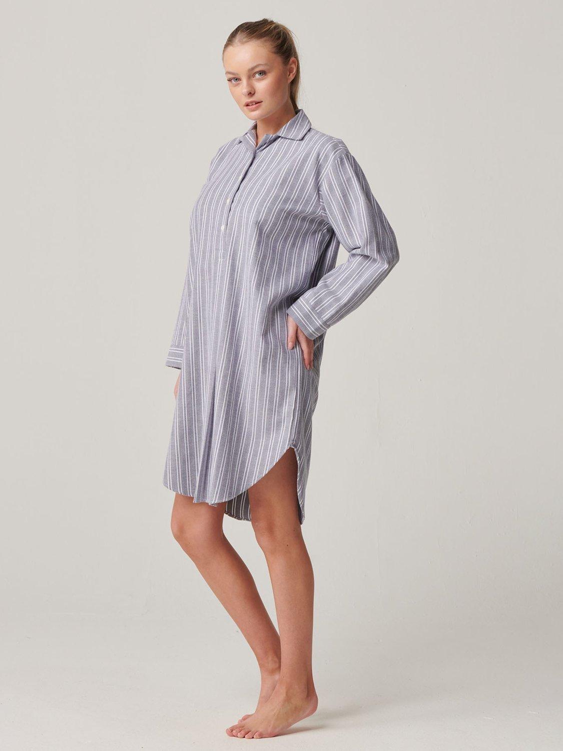 Product image 2 of 4, which shows British Boxers Westwood Stripe Brushed Cotton Nightshirt, Pebble, XS