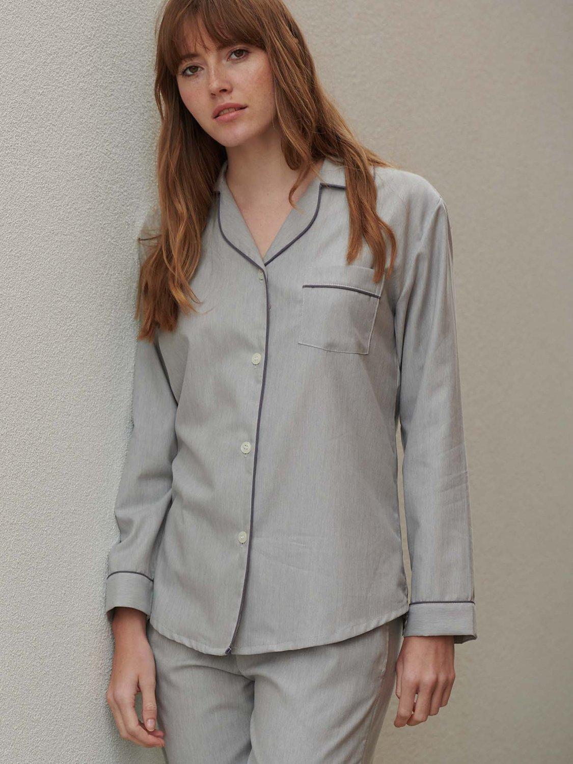 Product image 1 of 6, which shows British Boxers Herringbone Cotton Twill Pyjama Set, Light Grey, XS