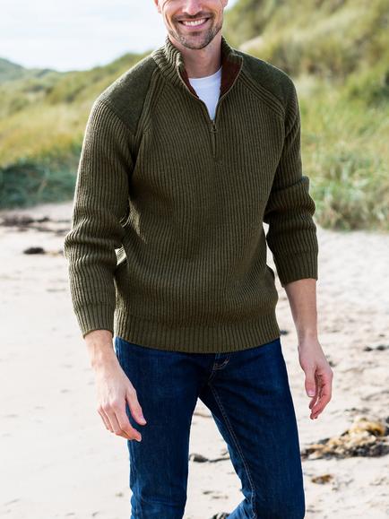 Celtic & Co. Merino Wool Ribbed Half Zip Jumper, Green