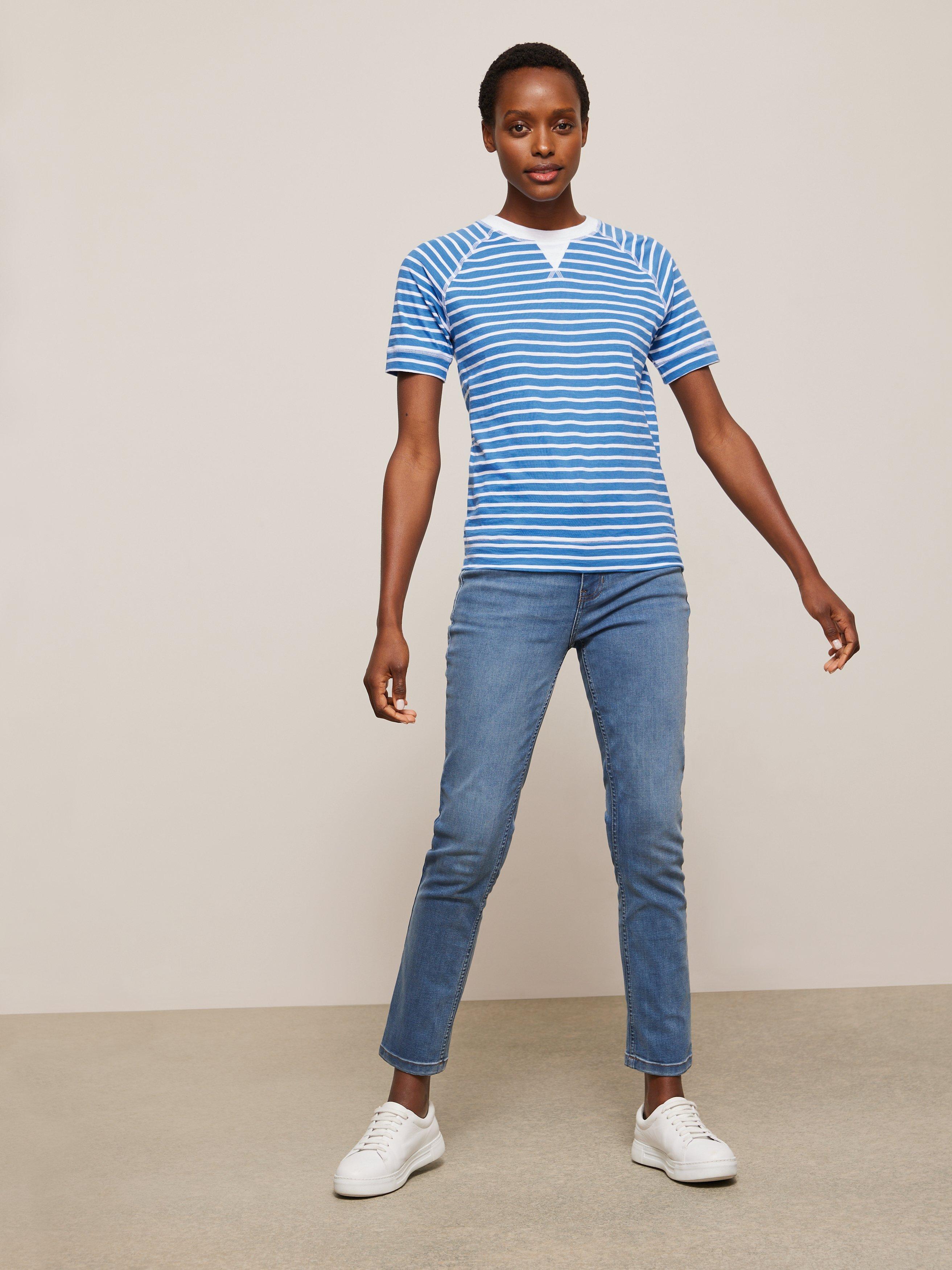 Product image 4 of 6, which shows John Lewis Sporty Cotton Raglan Tee, Blue Stripe, 14