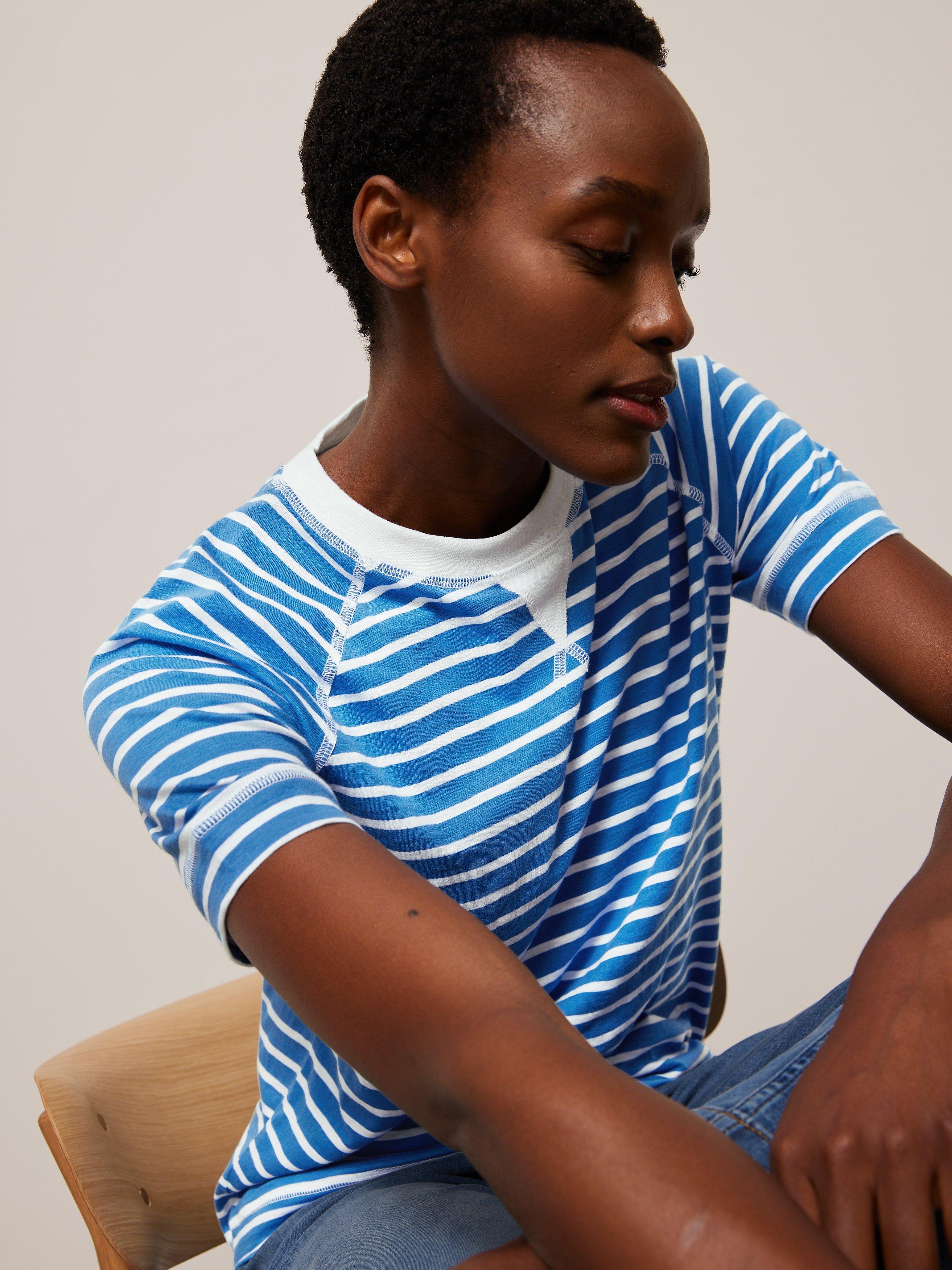 Product image 6 of 6, which shows John Lewis Sporty Cotton Raglan Tee, Blue Stripe, 14