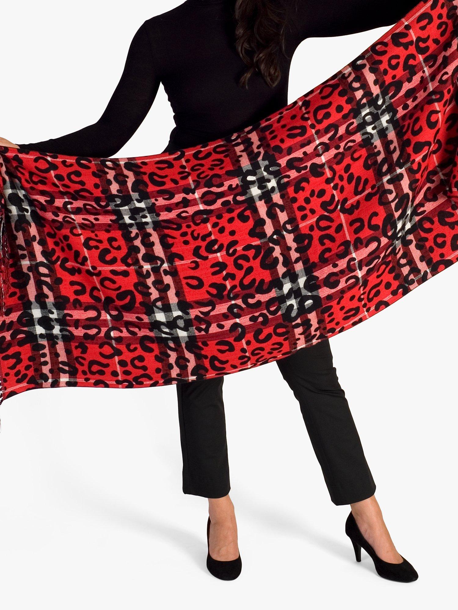 Product image 2 of 6, which shows chesca Animal and Check Print Scarf, Red/Black, One Size