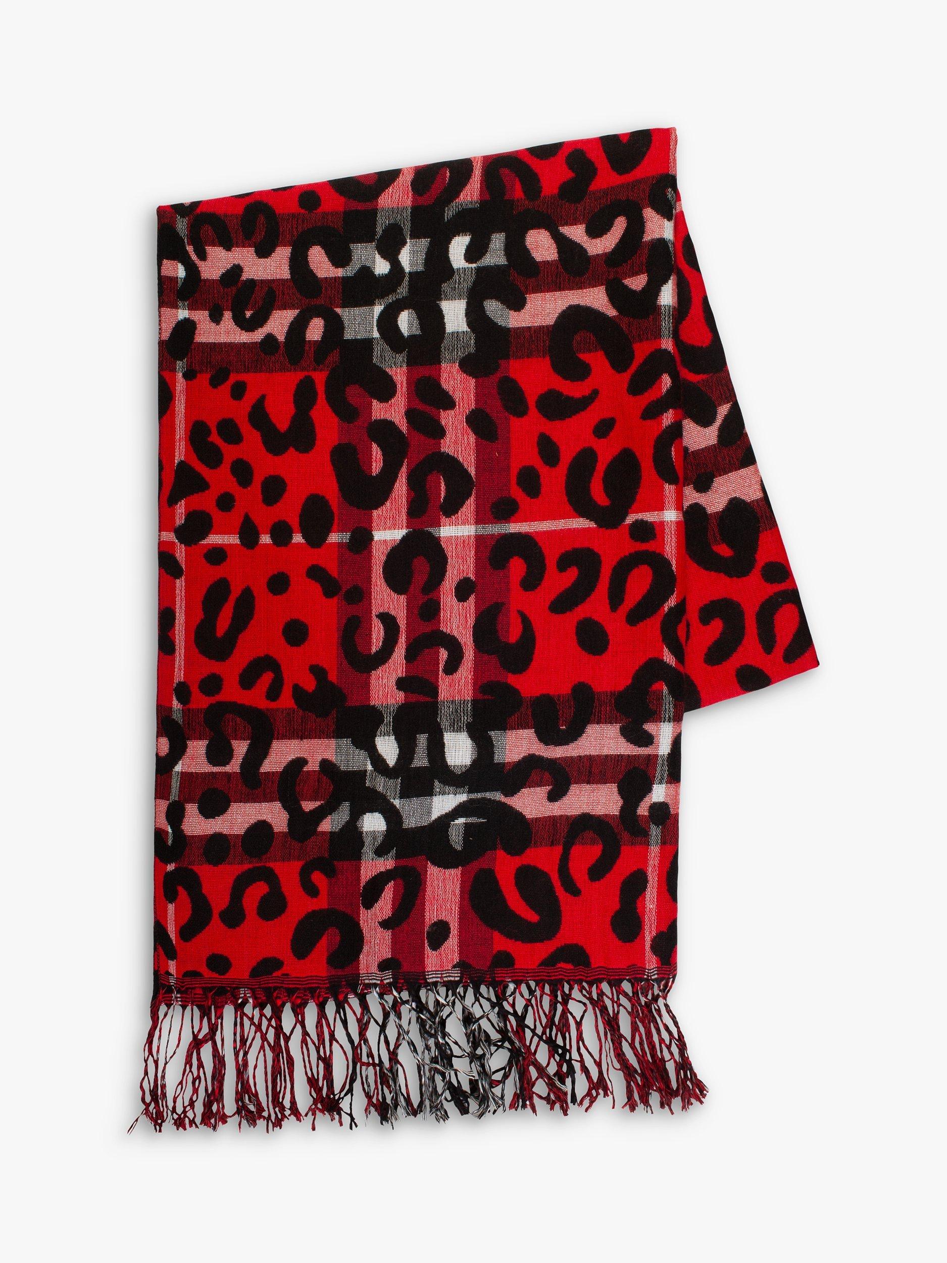 Product image 6 of 6, which shows chesca Animal and Check Print Scarf, Red/Black, One Size