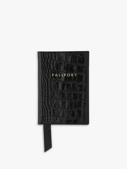 Whistles Shiny Croc Embossed Leather Passport Holder, Black, Black