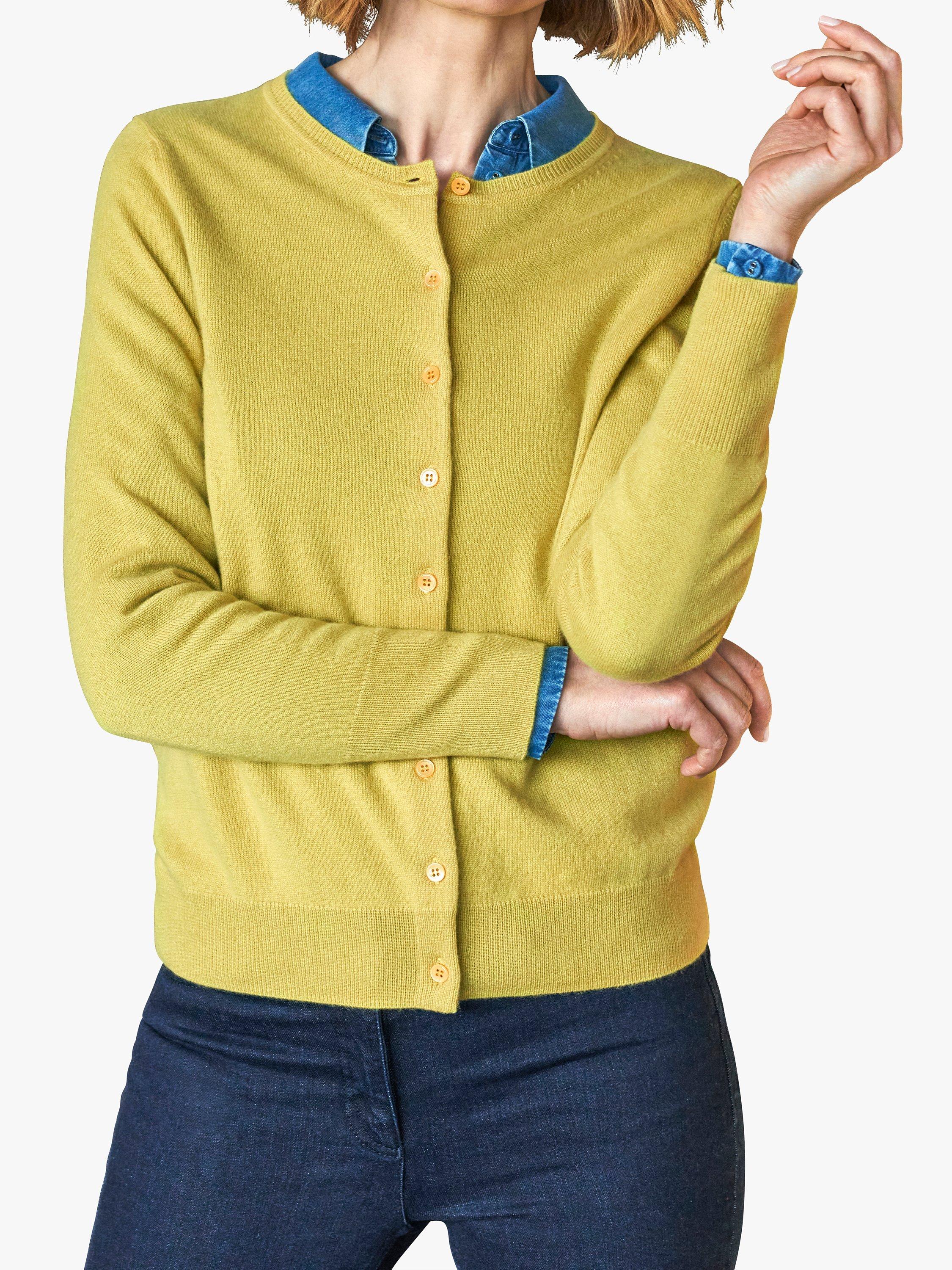 Product image 1 of 3, which shows Pure Collection Crew Neck Cashmere Cardigan, Chartreuse, 8