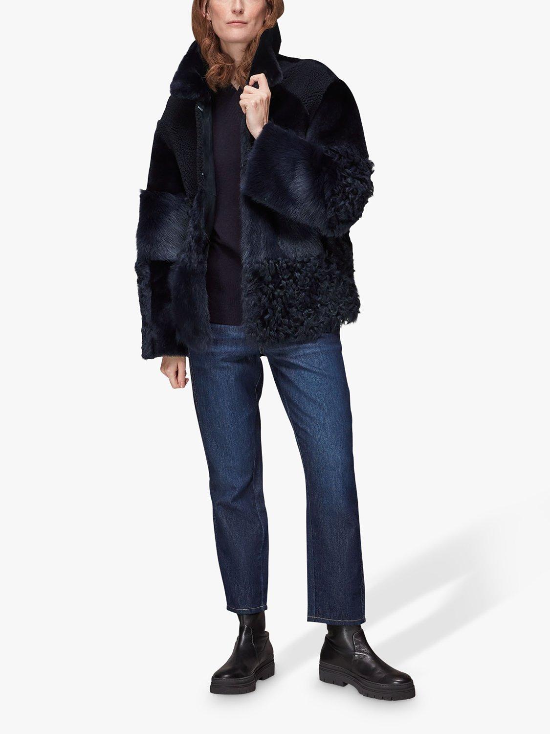 Product image 3 of 8, which shows Whistles Hemma Shearling Jacket, Navy, S