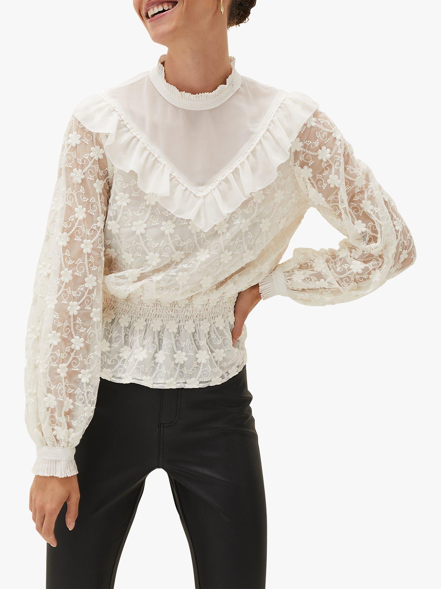 Phase Eight Coralina Lace Frill Detail Blouse, Oyster