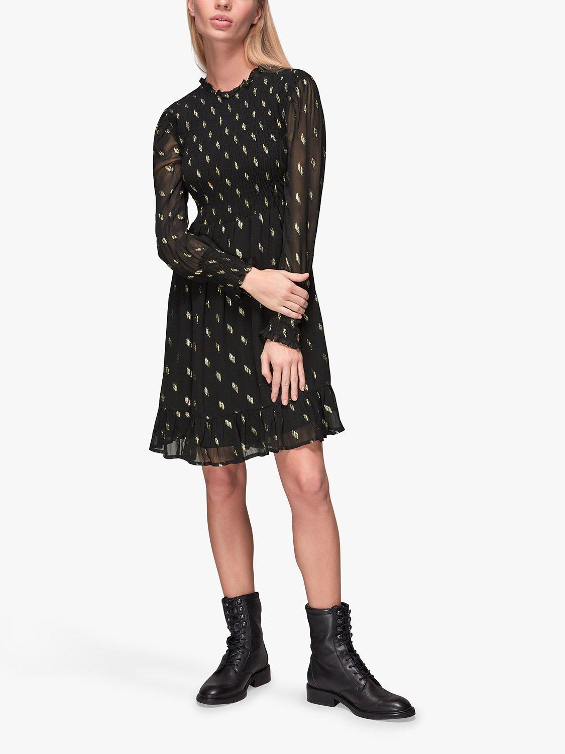 Whistles Dobby Shirred Metallic Pattern Dress, Black/Multi