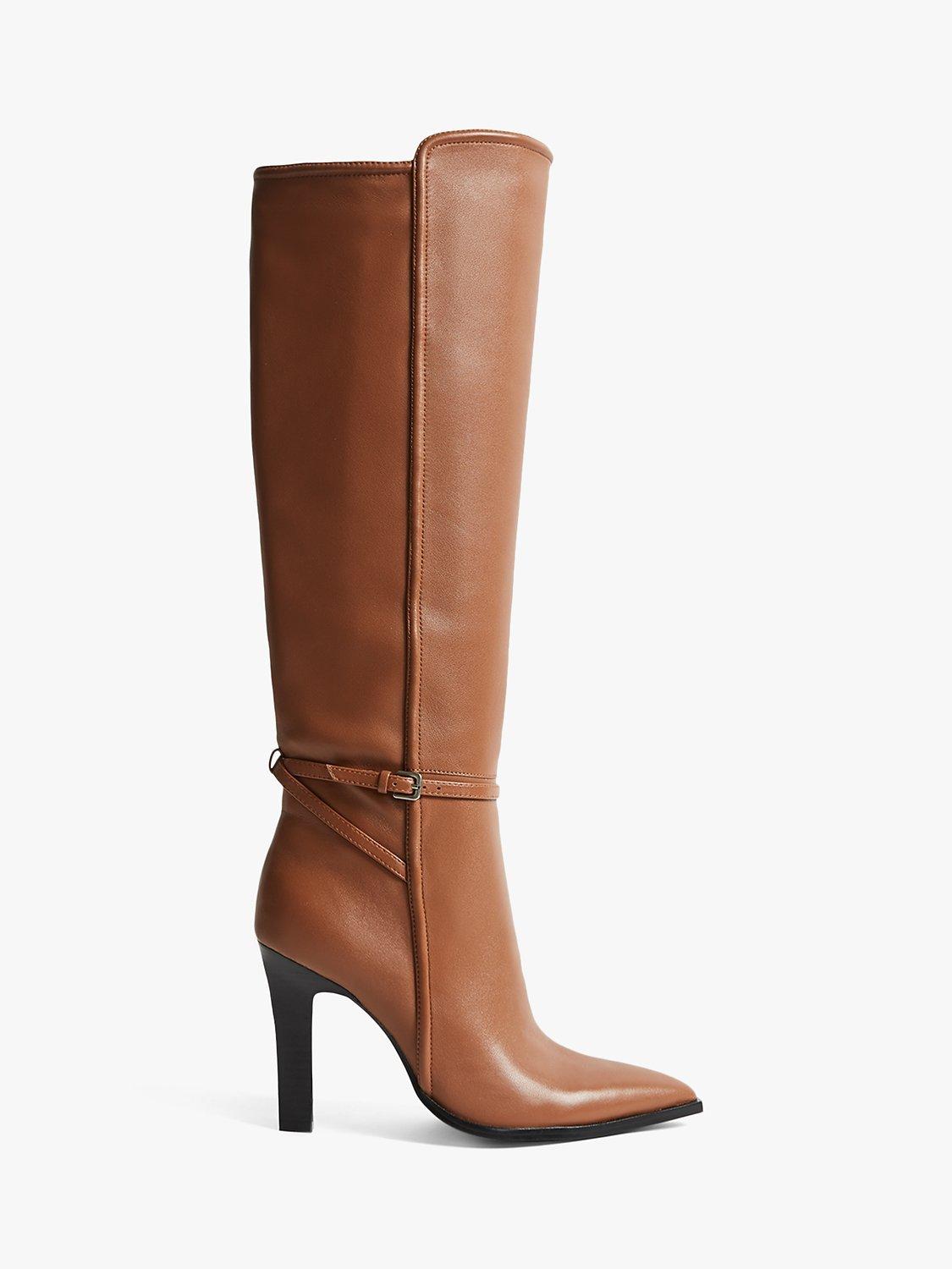 Reiss Ada Leather Pointed Toe Knee High Boots, Brown