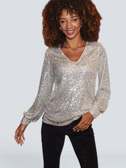 Sosandar Blouson Sequin Top, Champagne, Champagne