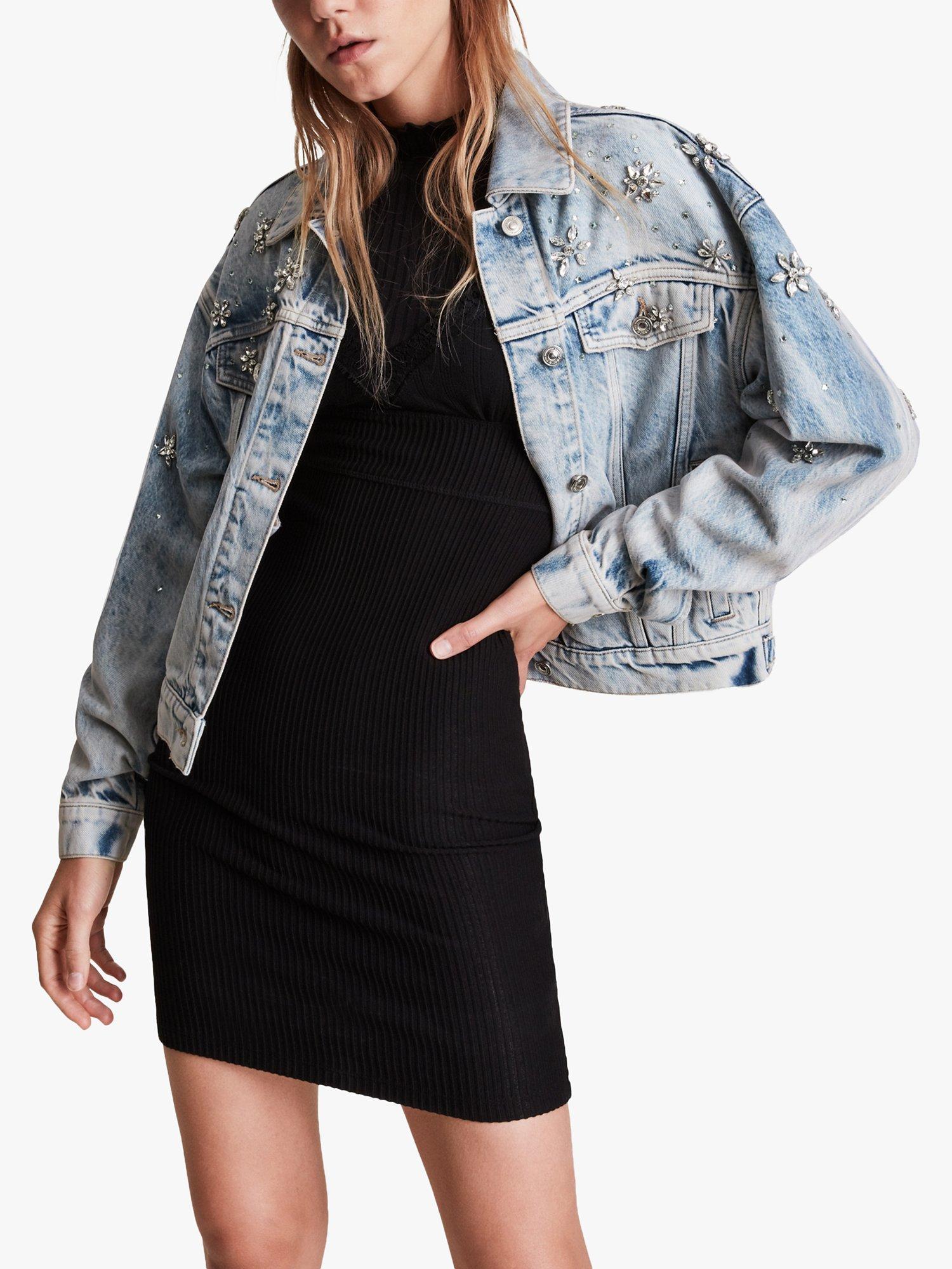 Product image 1 of 9, which shows AllSaints Monty Embellished Denim Jacket, Light Indigo, 6