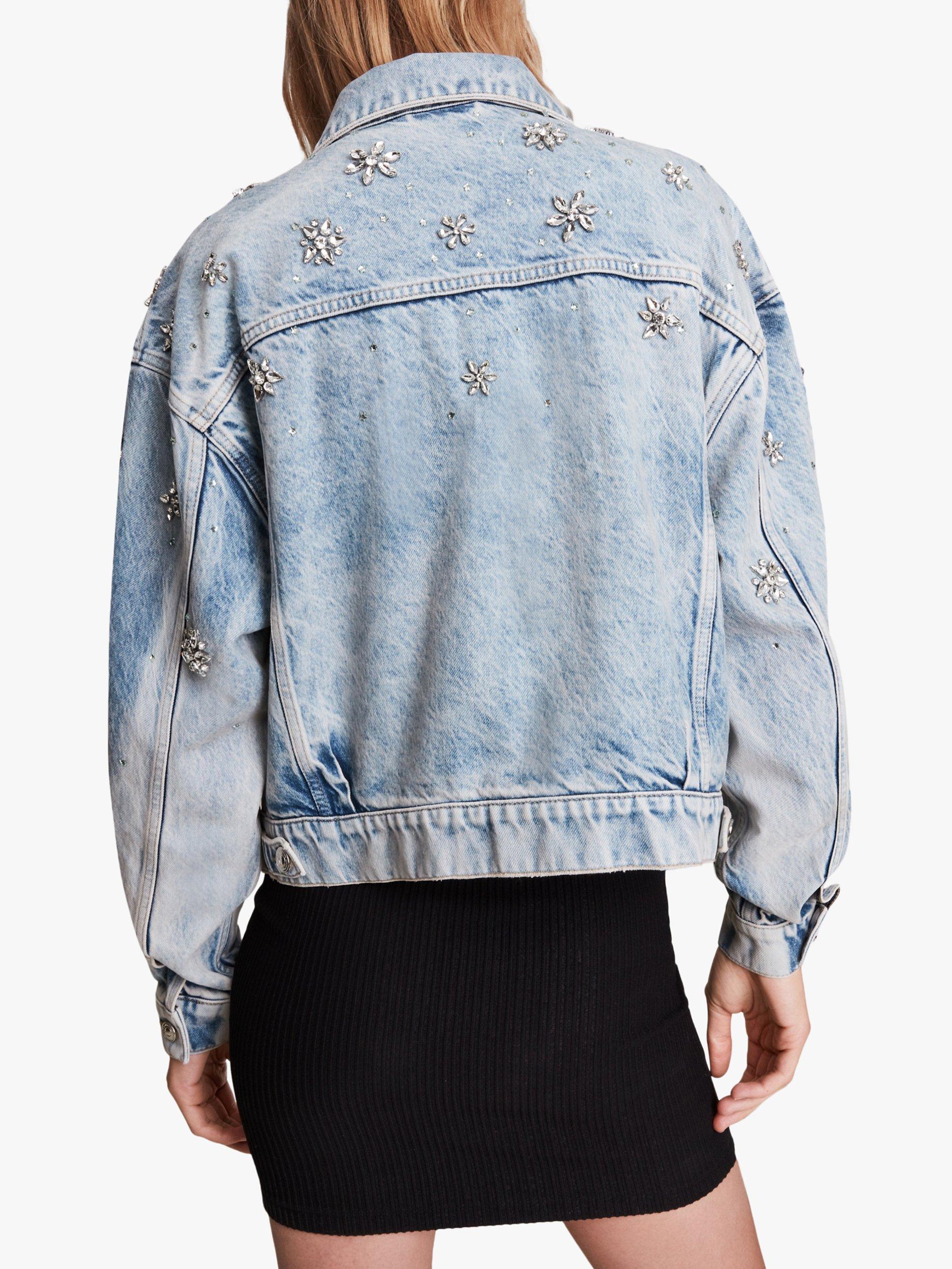 Product image 2 of 9, which shows AllSaints Monty Embellished Denim Jacket, Light Indigo, 6