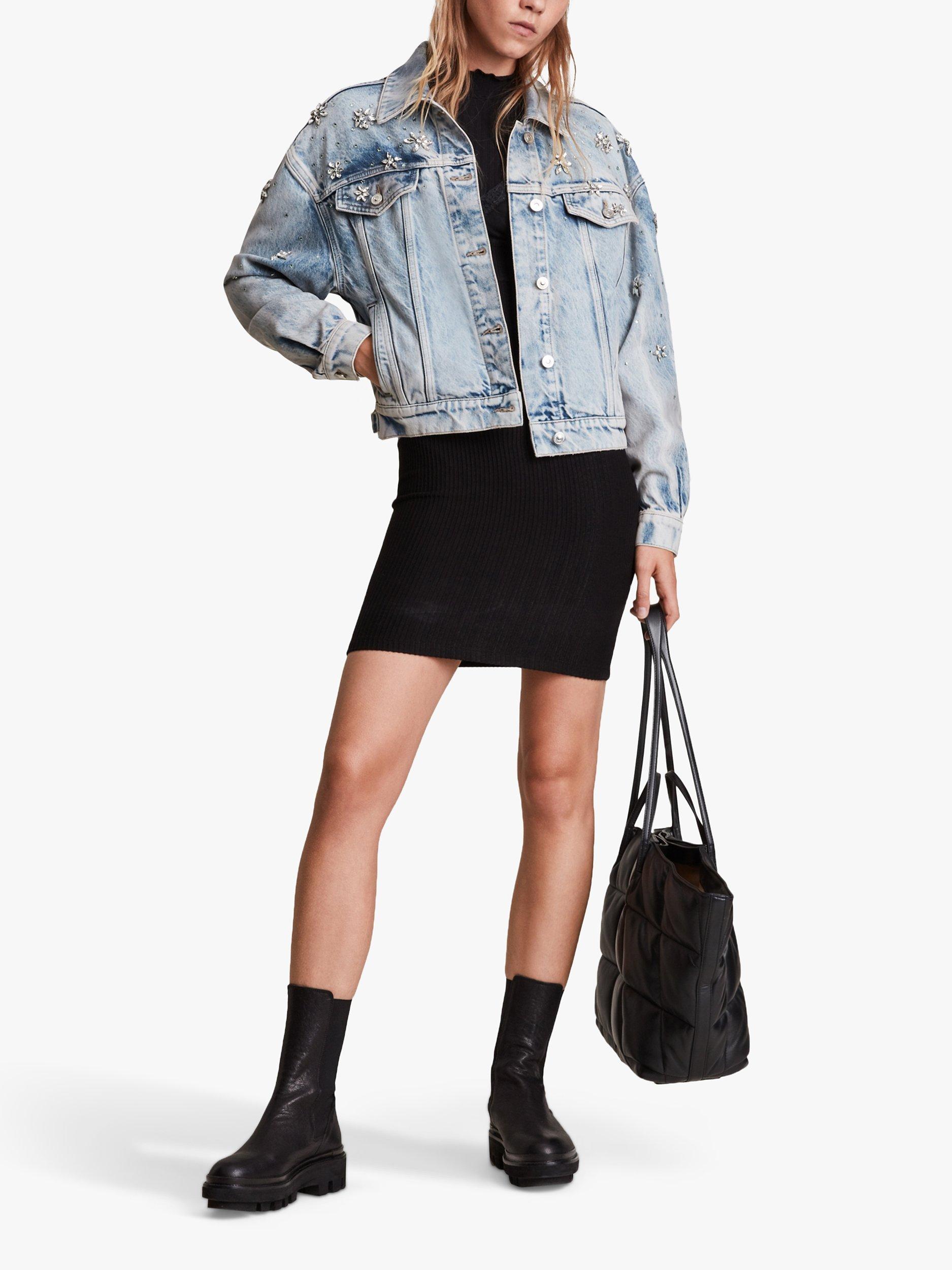 Product image 3 of 9, which shows AllSaints Monty Embellished Denim Jacket, Light Indigo, 6