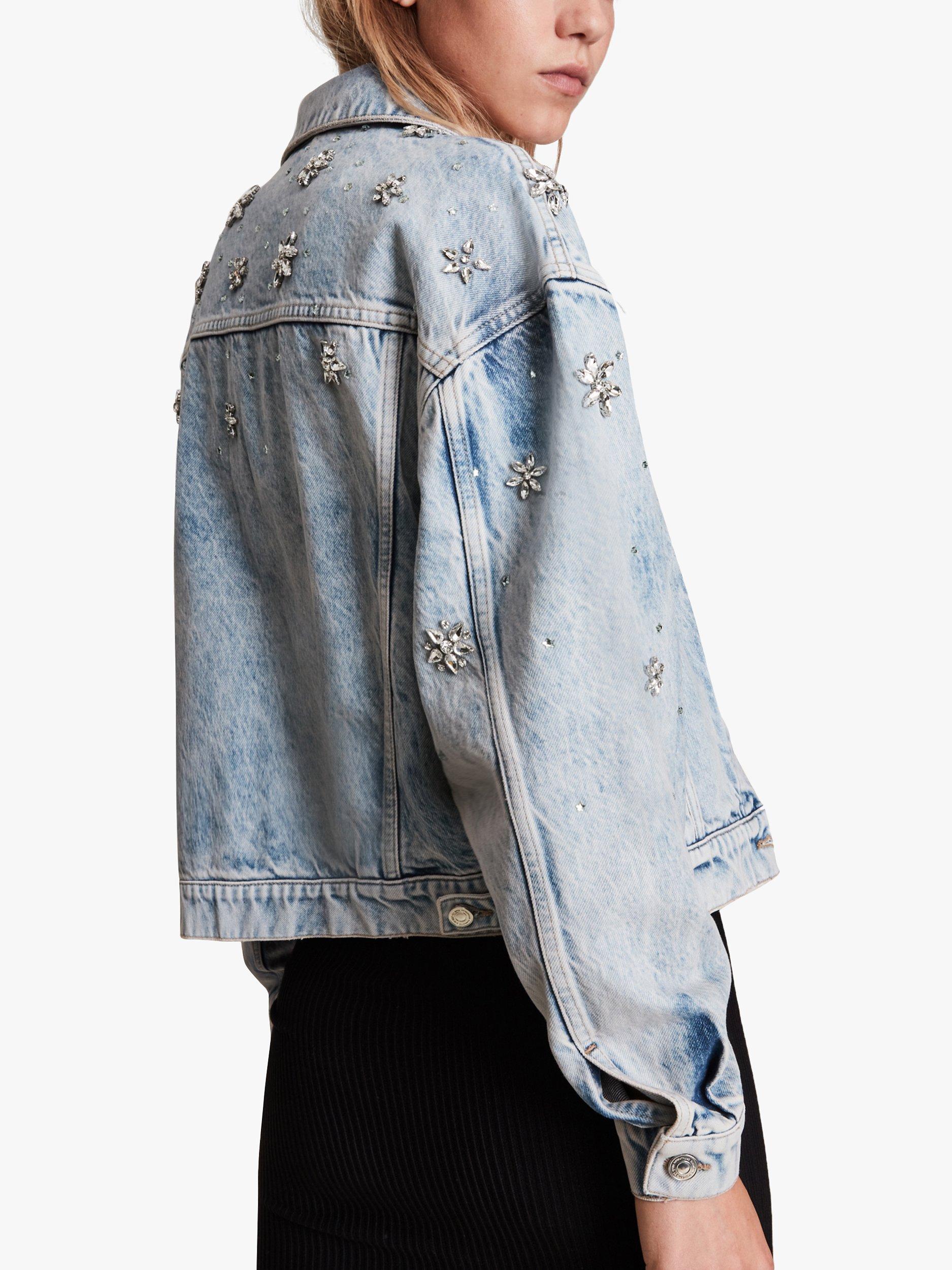 Product image 5 of 9, which shows AllSaints Monty Embellished Denim Jacket, Light Indigo, 6