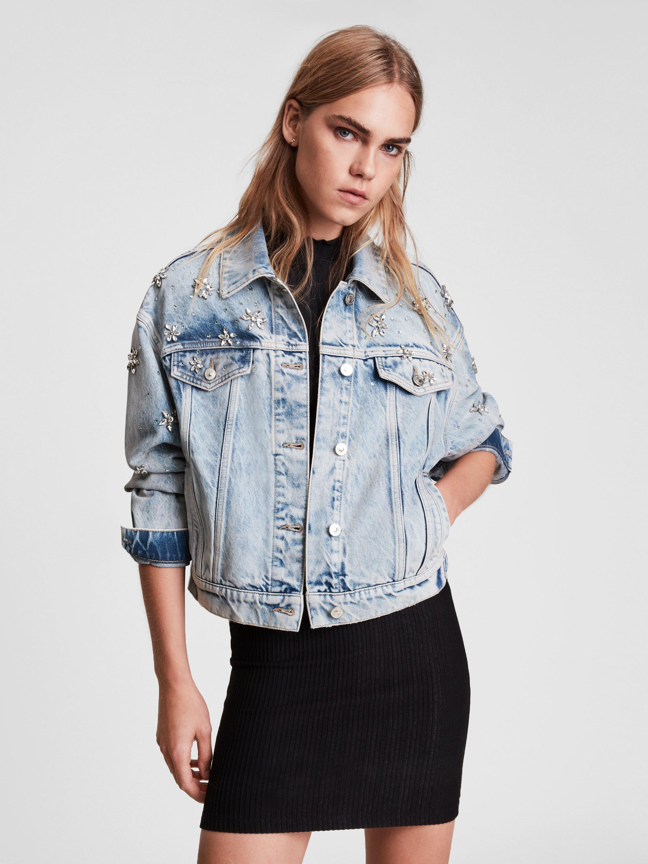 Product image 9 of 9, which shows AllSaints Monty Embellished Denim Jacket, Light Indigo, 6