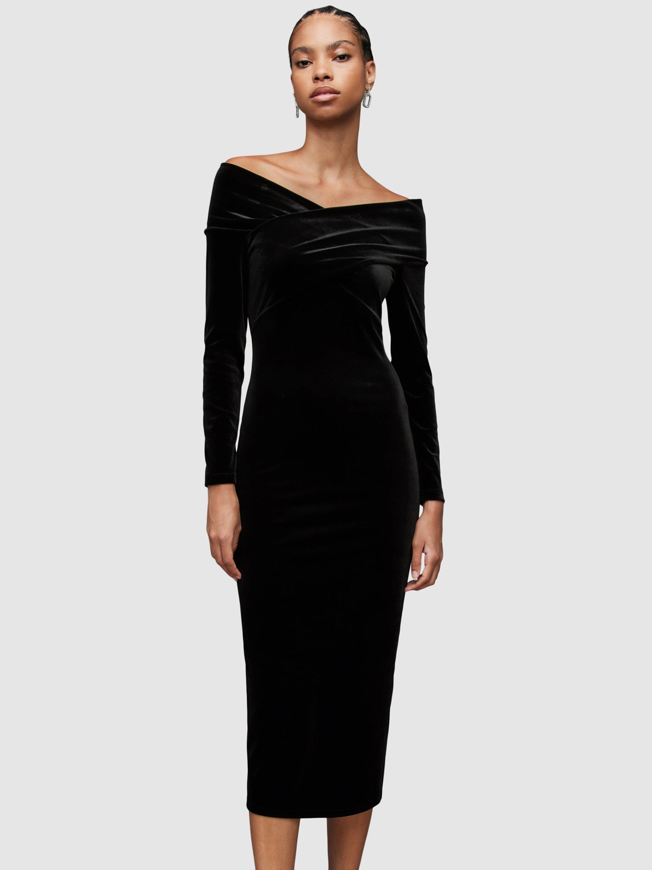 AllSaints Delta Velvet Bodycon Midi Dress, Black