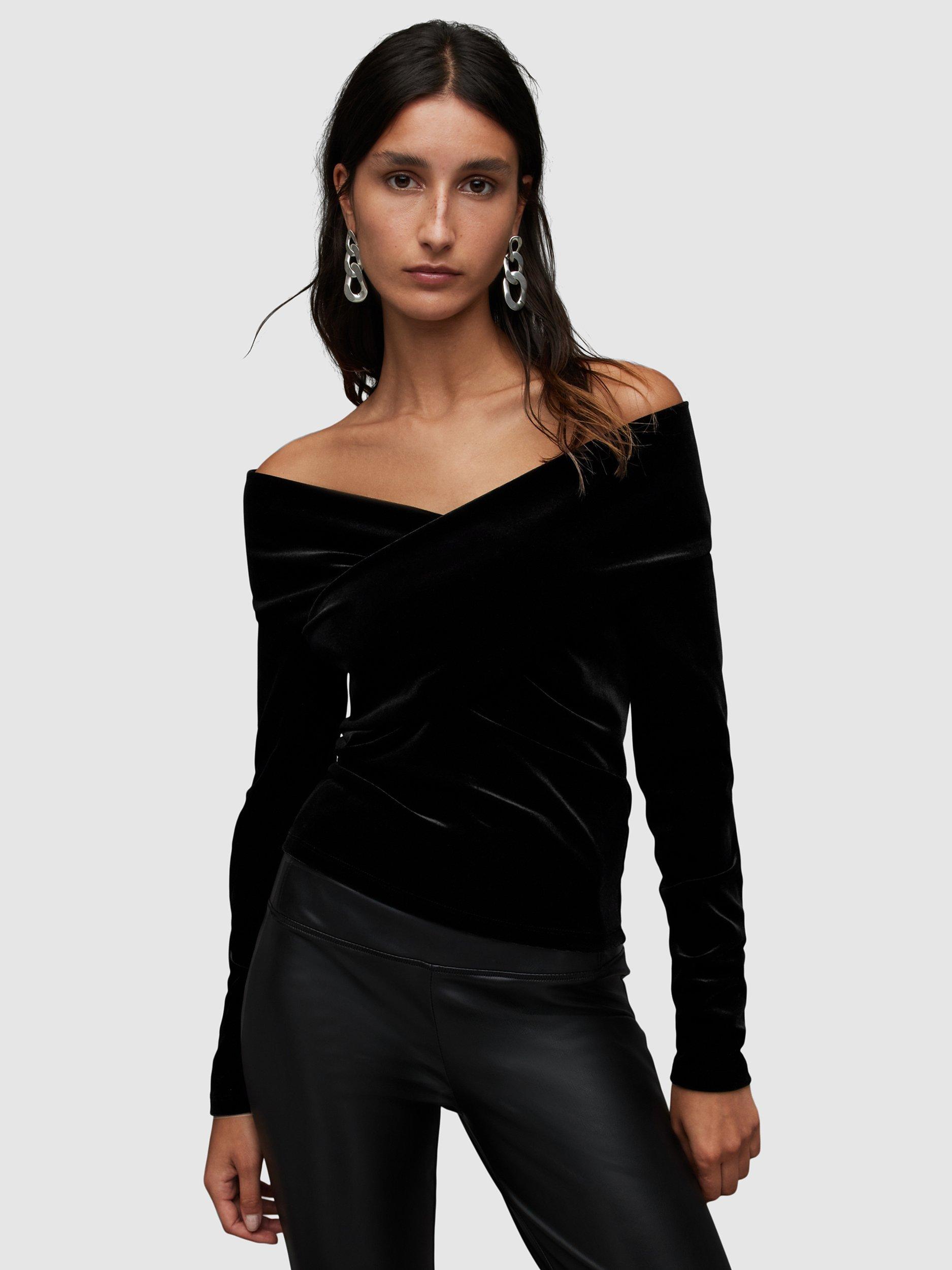 AllSaints Delta Velvet Bardot Top, Black