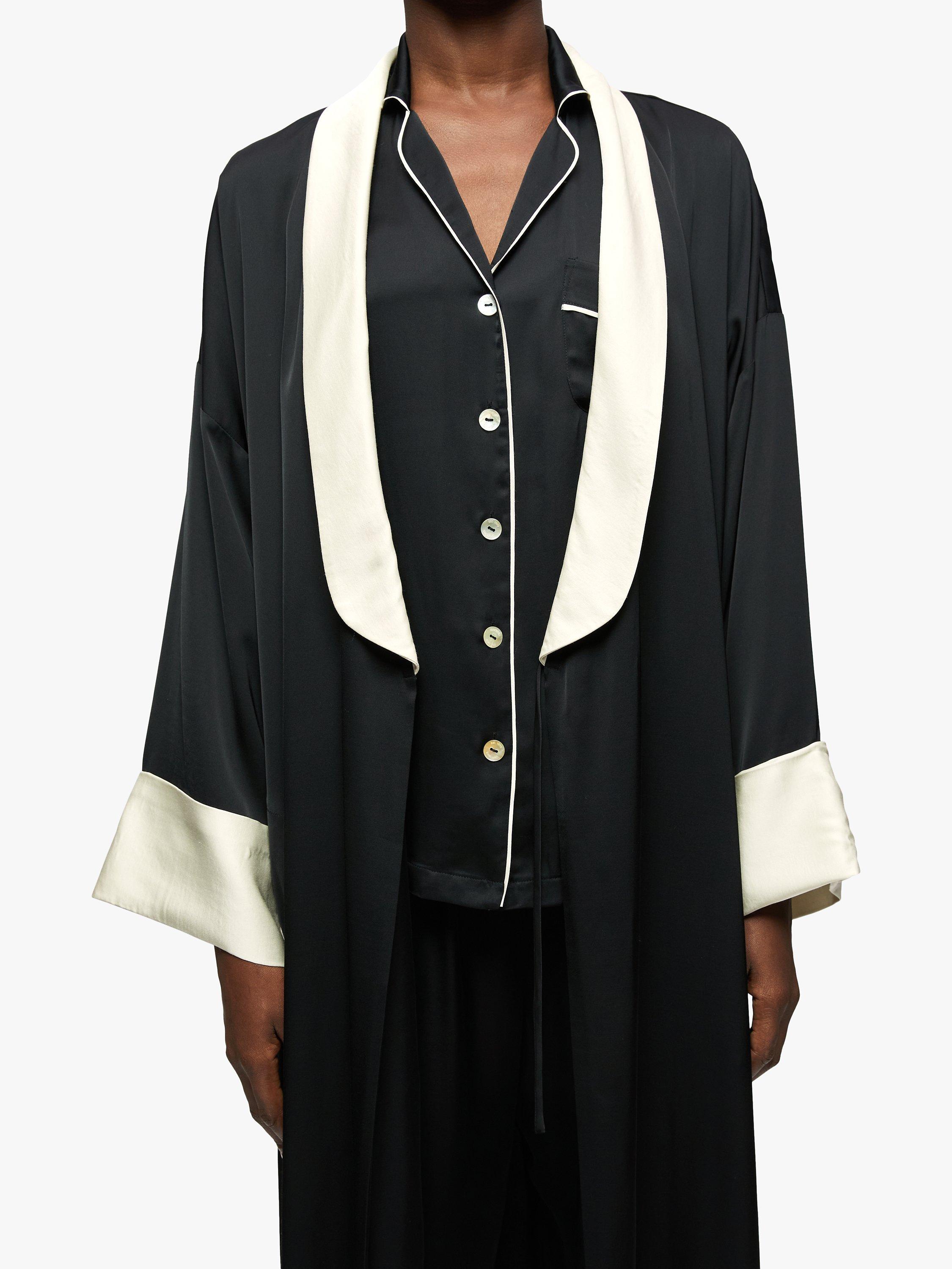 Product image 4 of 4, which shows Jigsaw Elise Satin Contrast Trim Robe, Black/Multi, XS