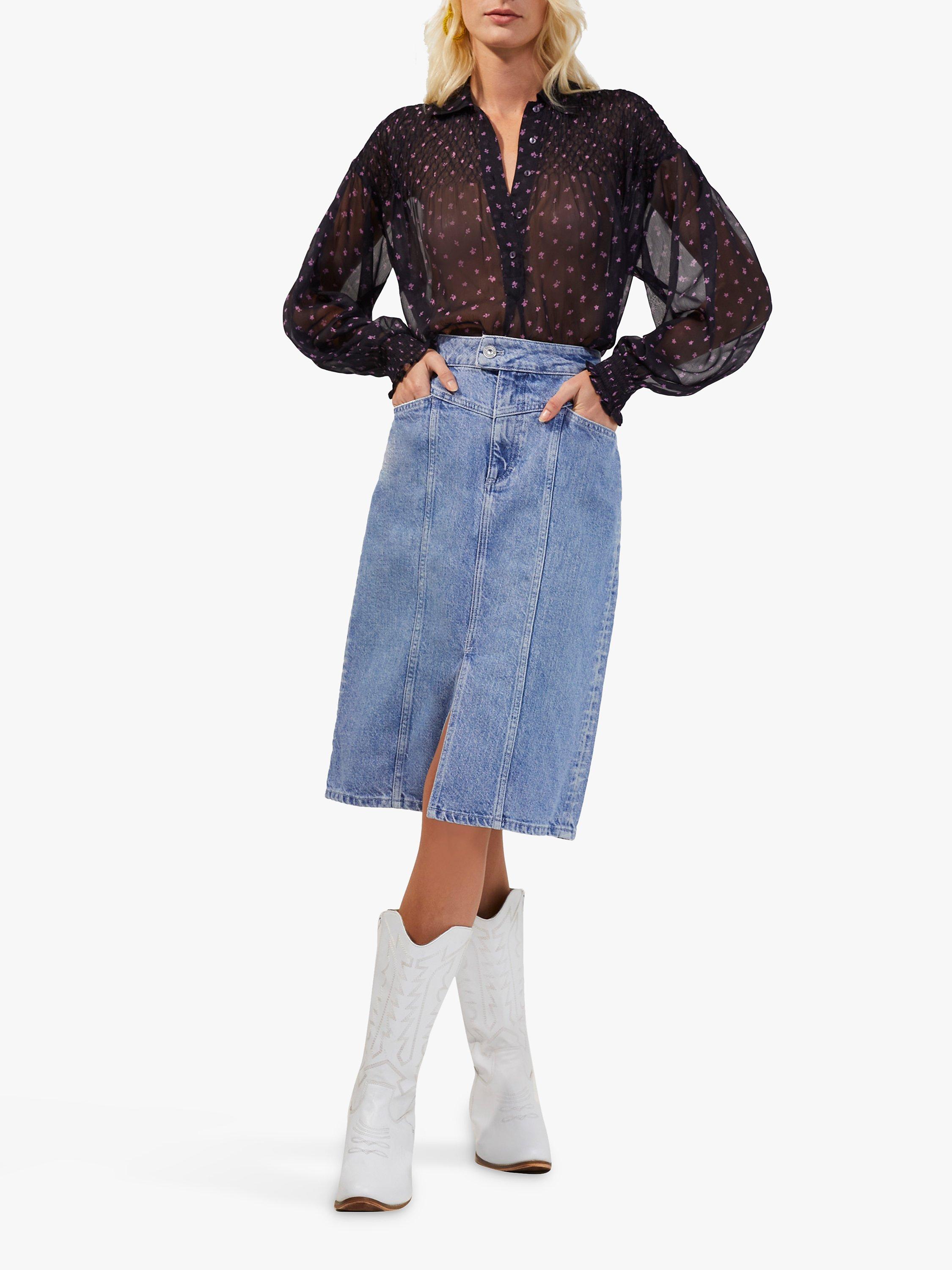 French Connection Augustine Floral Print Sheer Shirt, Utility Blue