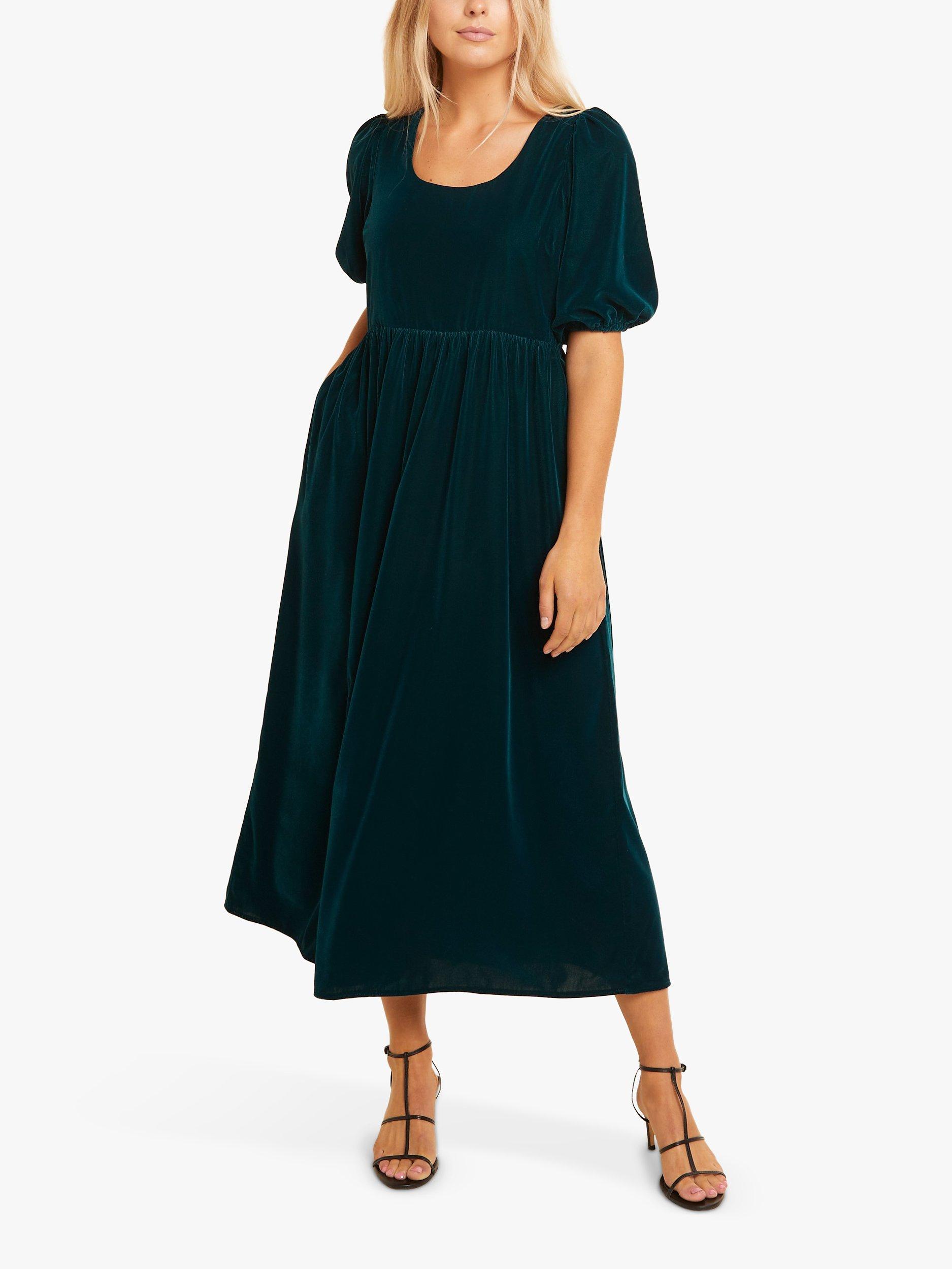 Albaray Velvet Puff Sleeve Midi Dress, Green