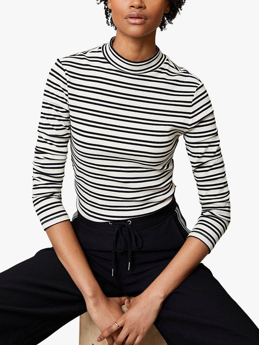 Mint Velvet Striped High Neck Ribbed Top, Cream/Black