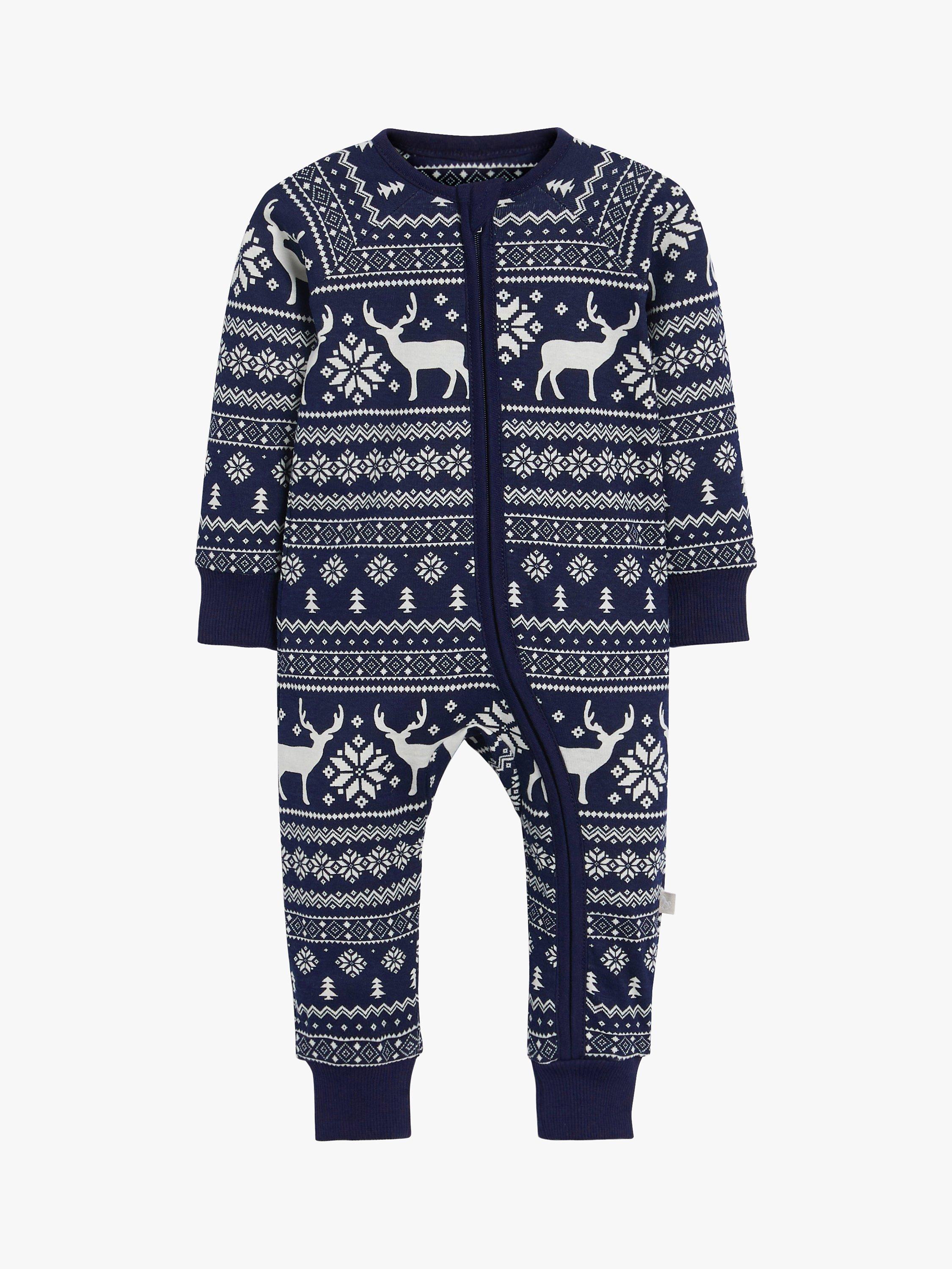 Product image 2 of 8, which shows The Little Tailor Baby Christmas Fairisle Sleepsuit, Navy, 0-3 months